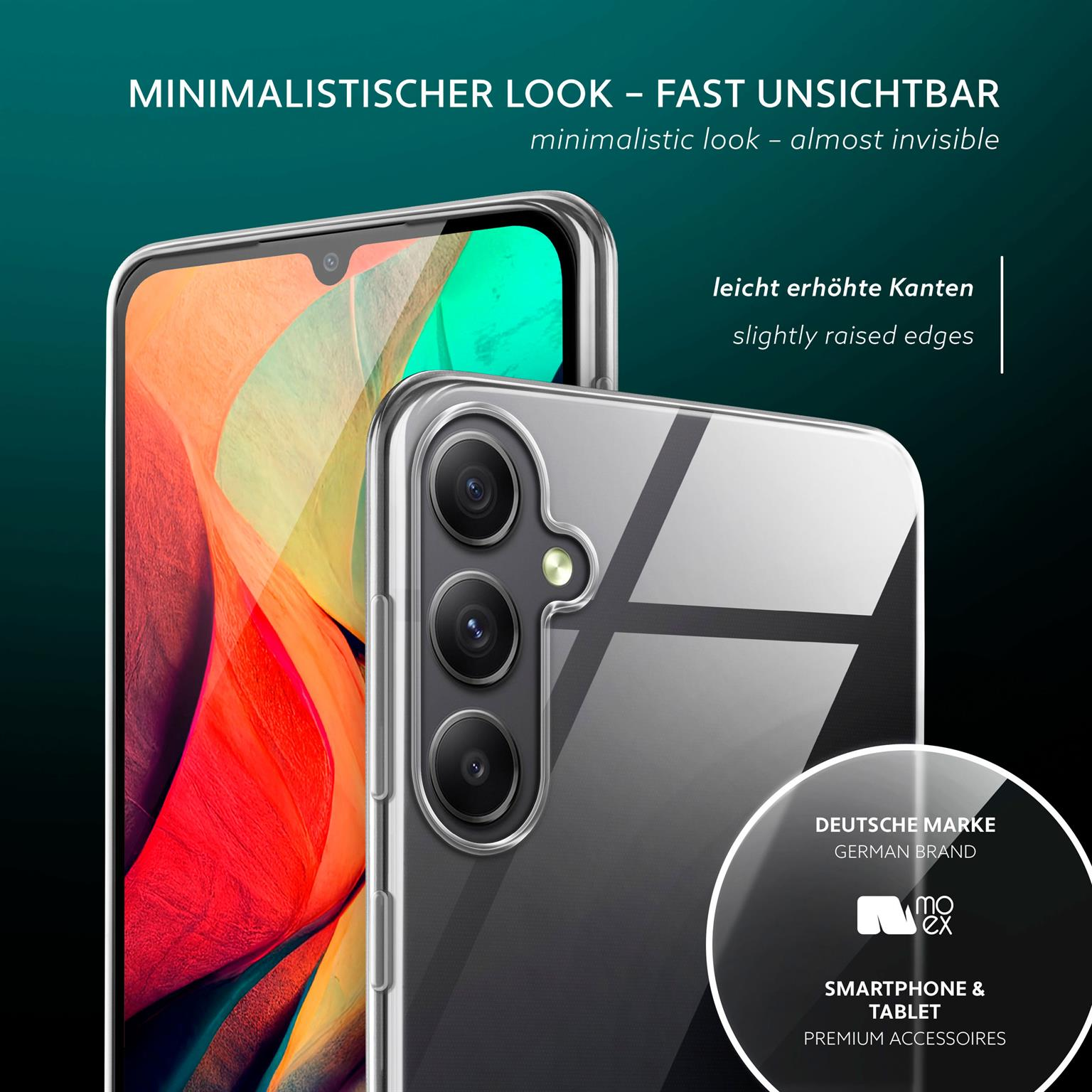 Transparente Handyhülle auf einem Telefon. Text: Minimalistischer Look - fast unsichtbar, leicht erhöhte Kanten.