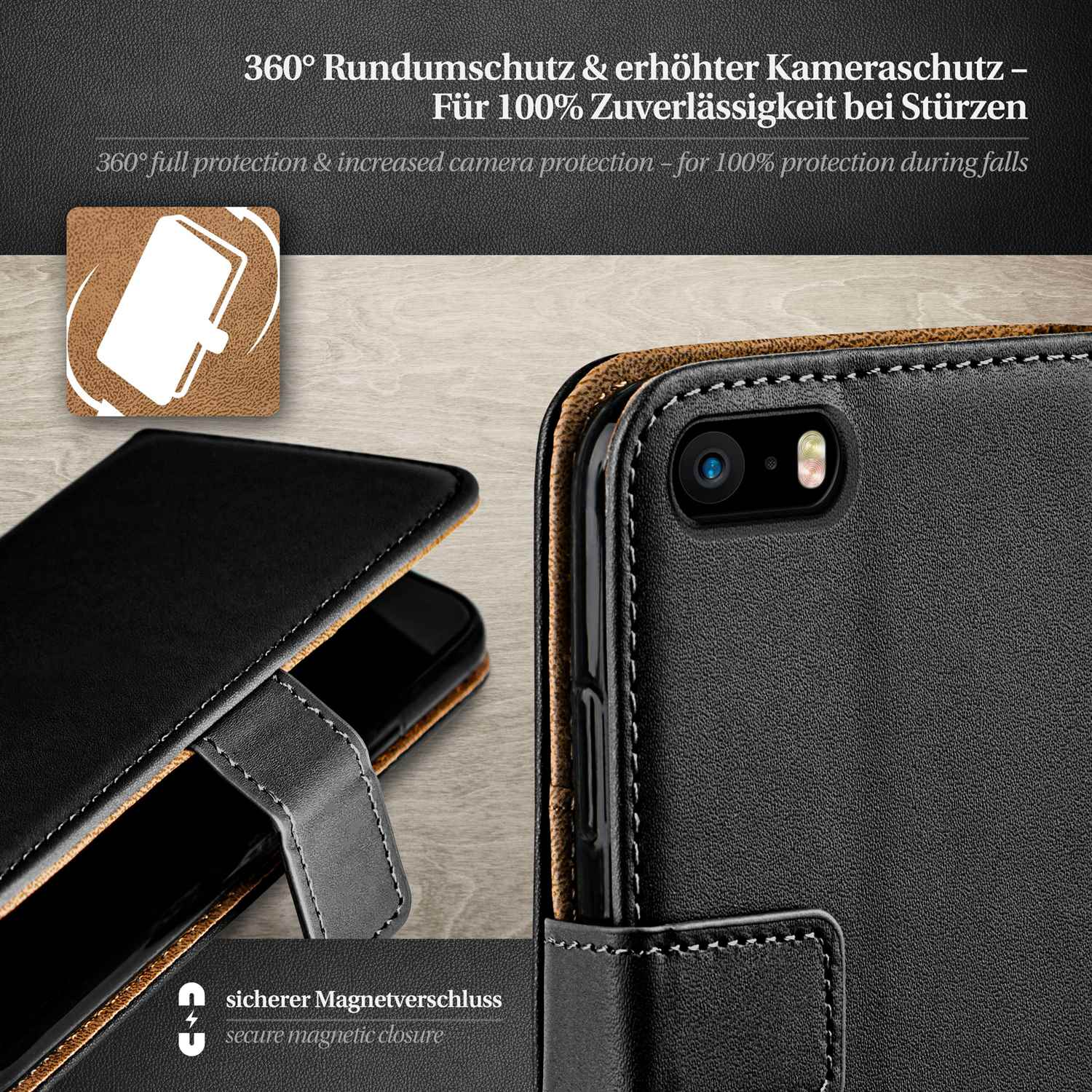 Schwarzes Telefon in einer geöffneten Handyhülle. Text: 360° Schutz und sicherer Magnetverschluss. Braune Hülle.