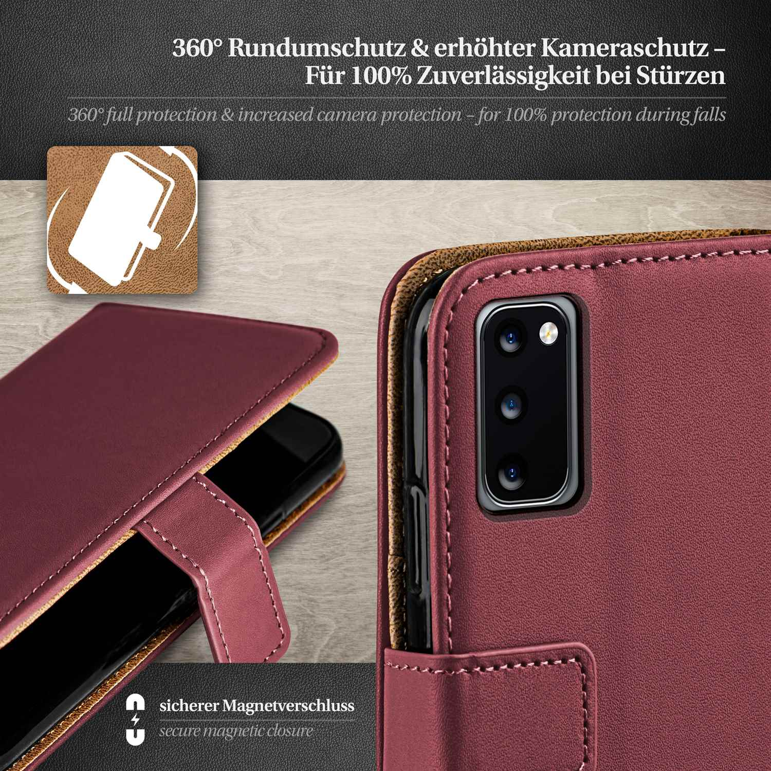 Telefon mit Hülle, Nahaufnahme, geöffnet. Mit Markenlogo und Magnetverschluss.
