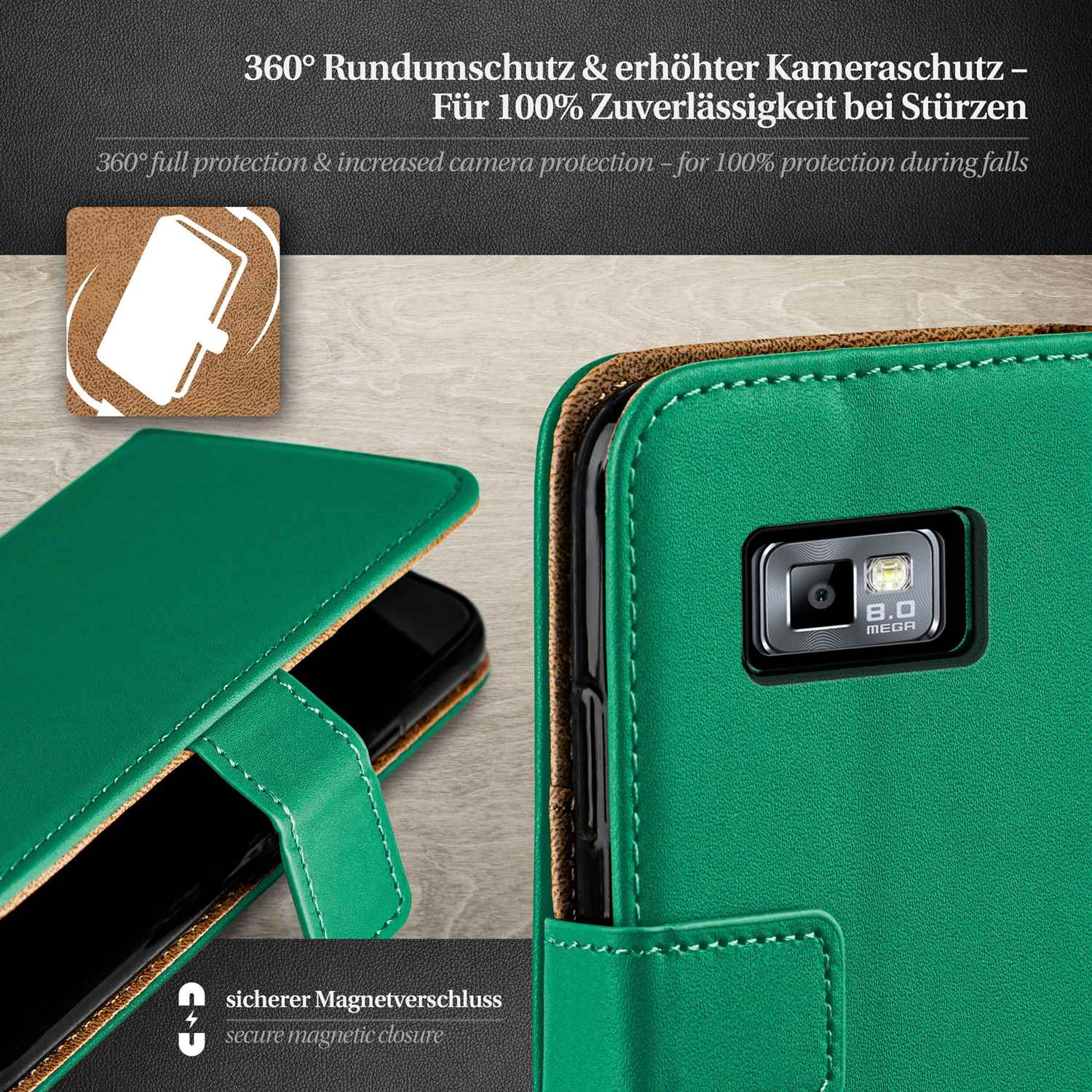 Grüne Handyhülle mit Telefon. Text: 360° Rundumschutz & erhöhter Kameraschutz.