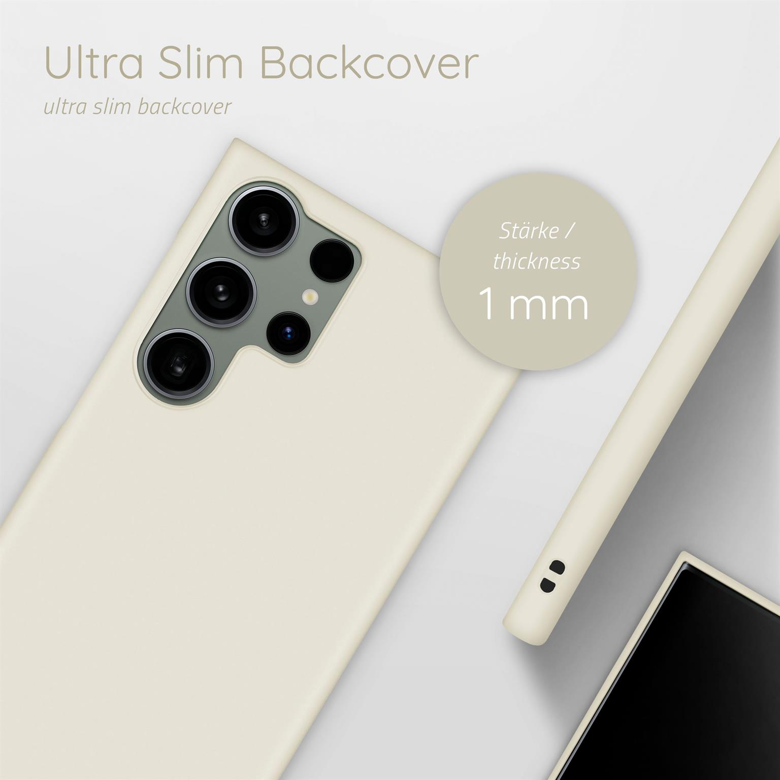 Beige Handyhülle mit Telefon. Die Dicke beträgt 1 mm. Ein weißer Hintergrund.