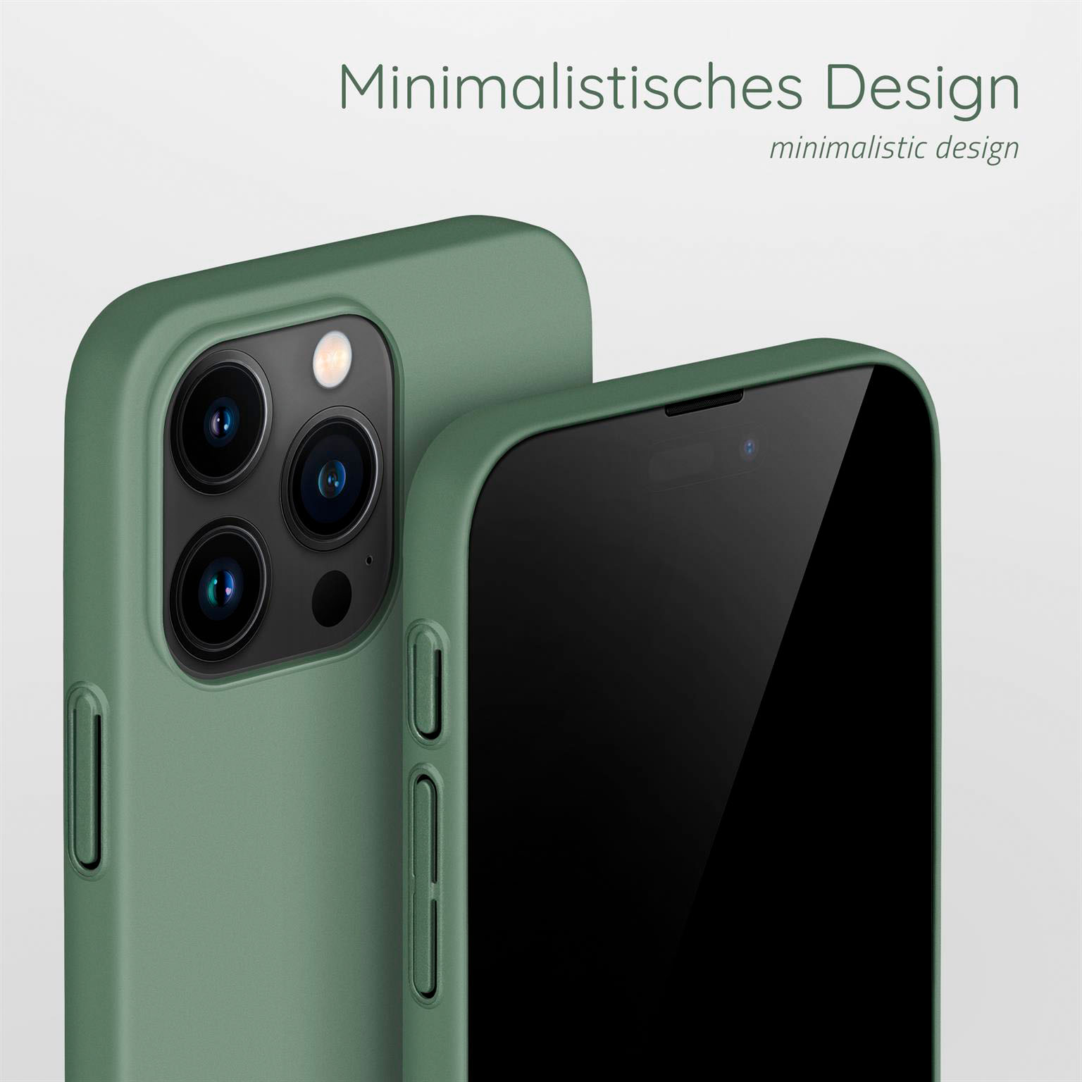 Zwei grüne Handyhüllen, eine mit dem Telefon darin. Das Telefon hat einen schwarzen Bildschirm.