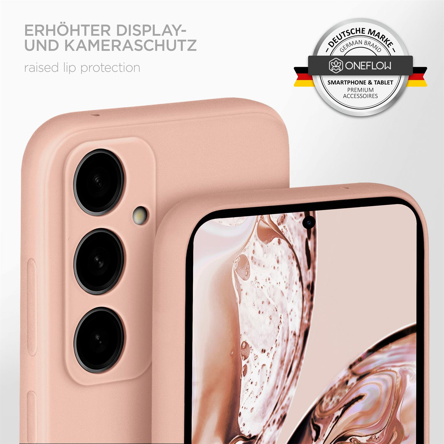 Nahaufnahme einer Handyhülle. Die Hülle ist rosa und hat eine erhöhte Lippe.