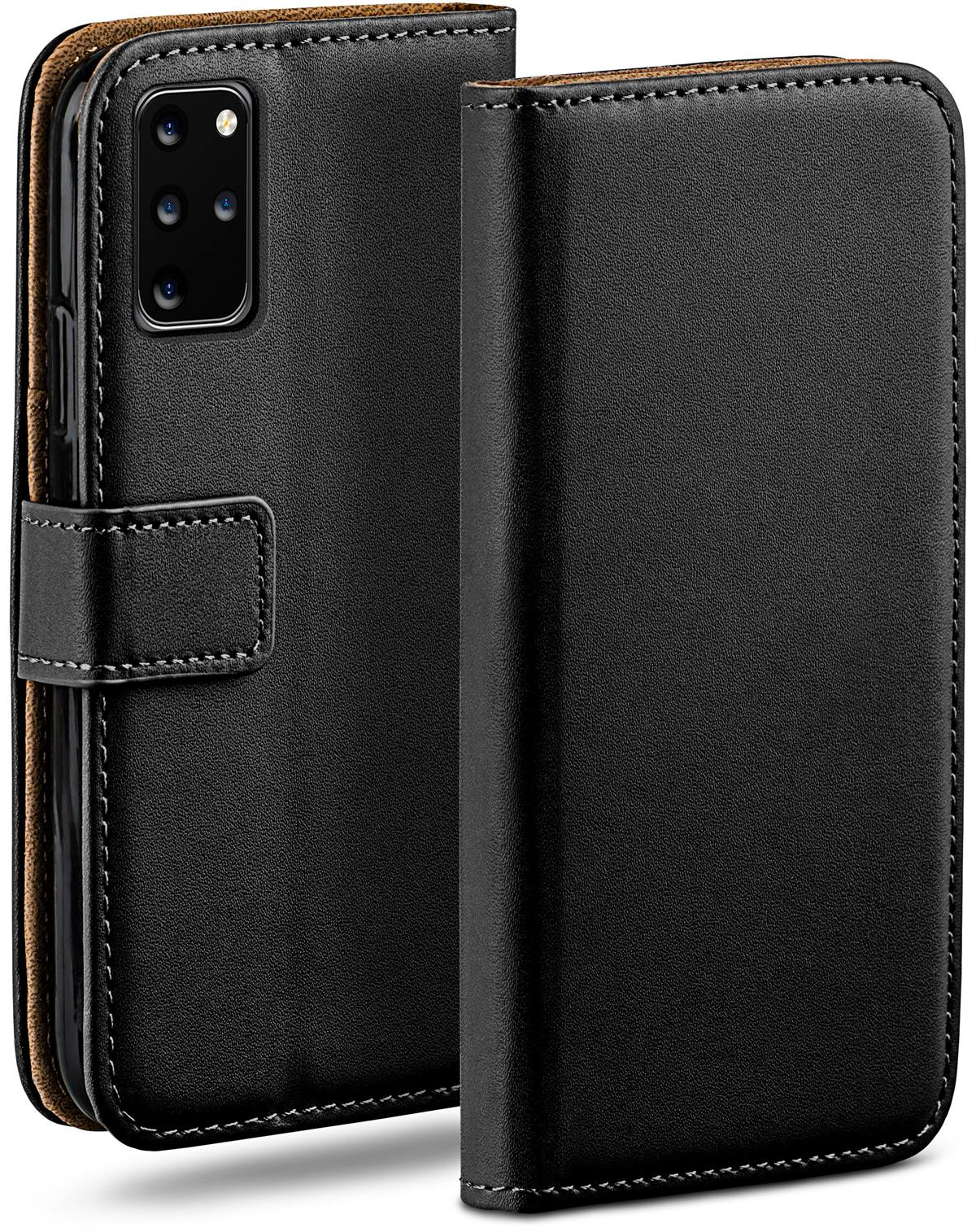 Schwarze Handyhülle mit Seitenklappe und links ein sichtbares Handy.