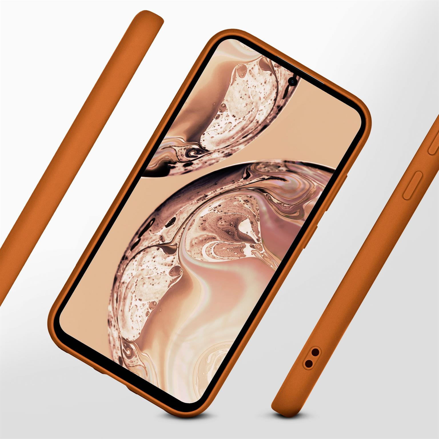 Handyhülle mit Telefon darin. Braune Hülle, Telefonbildschirm zeigt farbenfrohes Bild. Orange Hüllenteile.