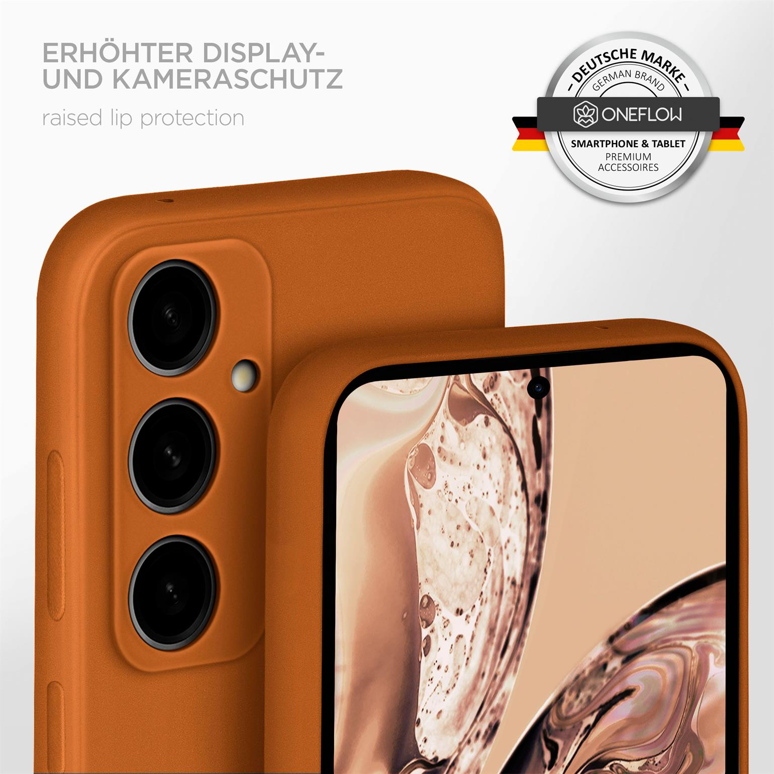 Orangene Handyhülle mit Kameraausschnitten auf weißem Hintergrund, Text und Logo.