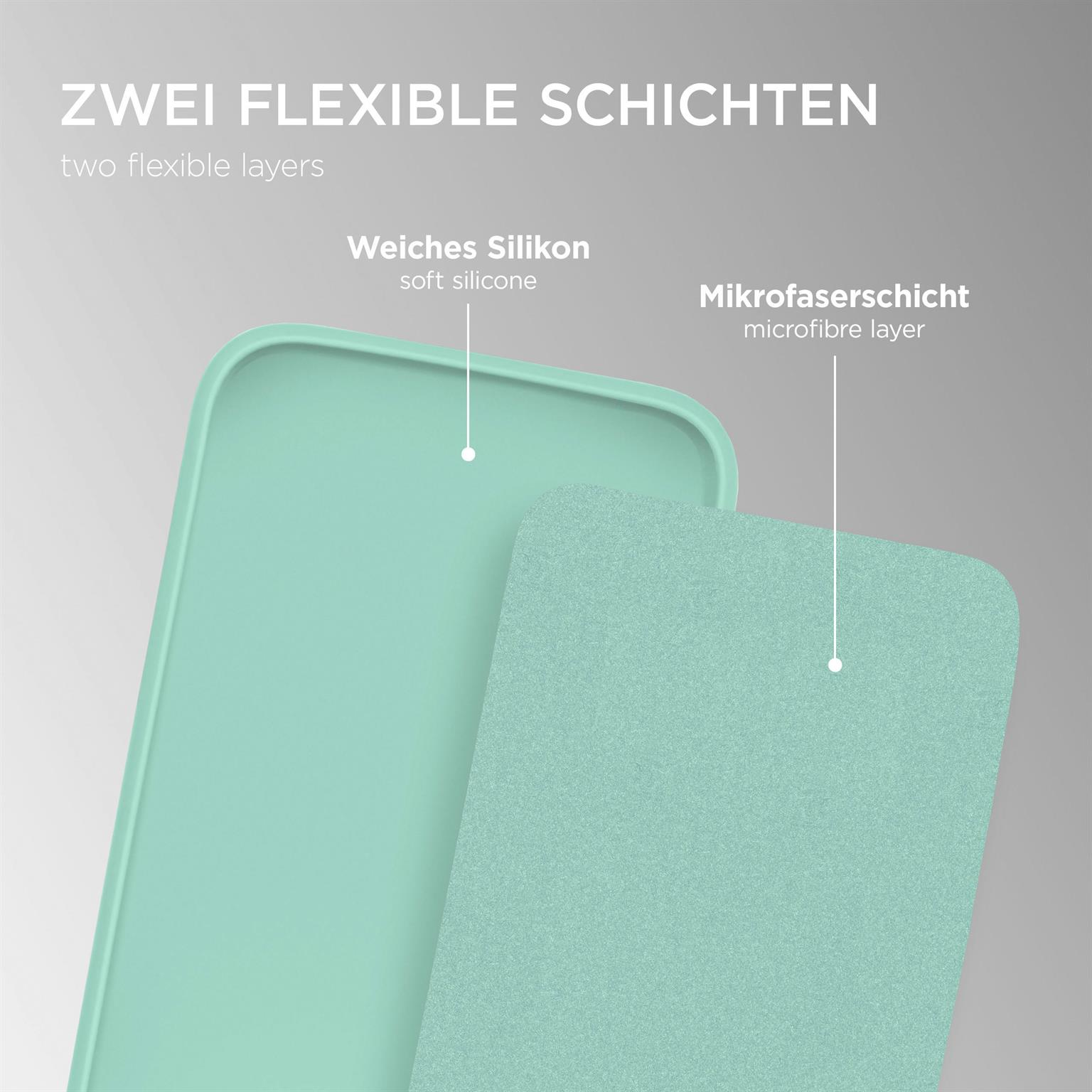 Zweischichtige Handyhülle: weiches Silikon in Mintgrün und eine Mikrofaser-Schicht in Hellgrau.