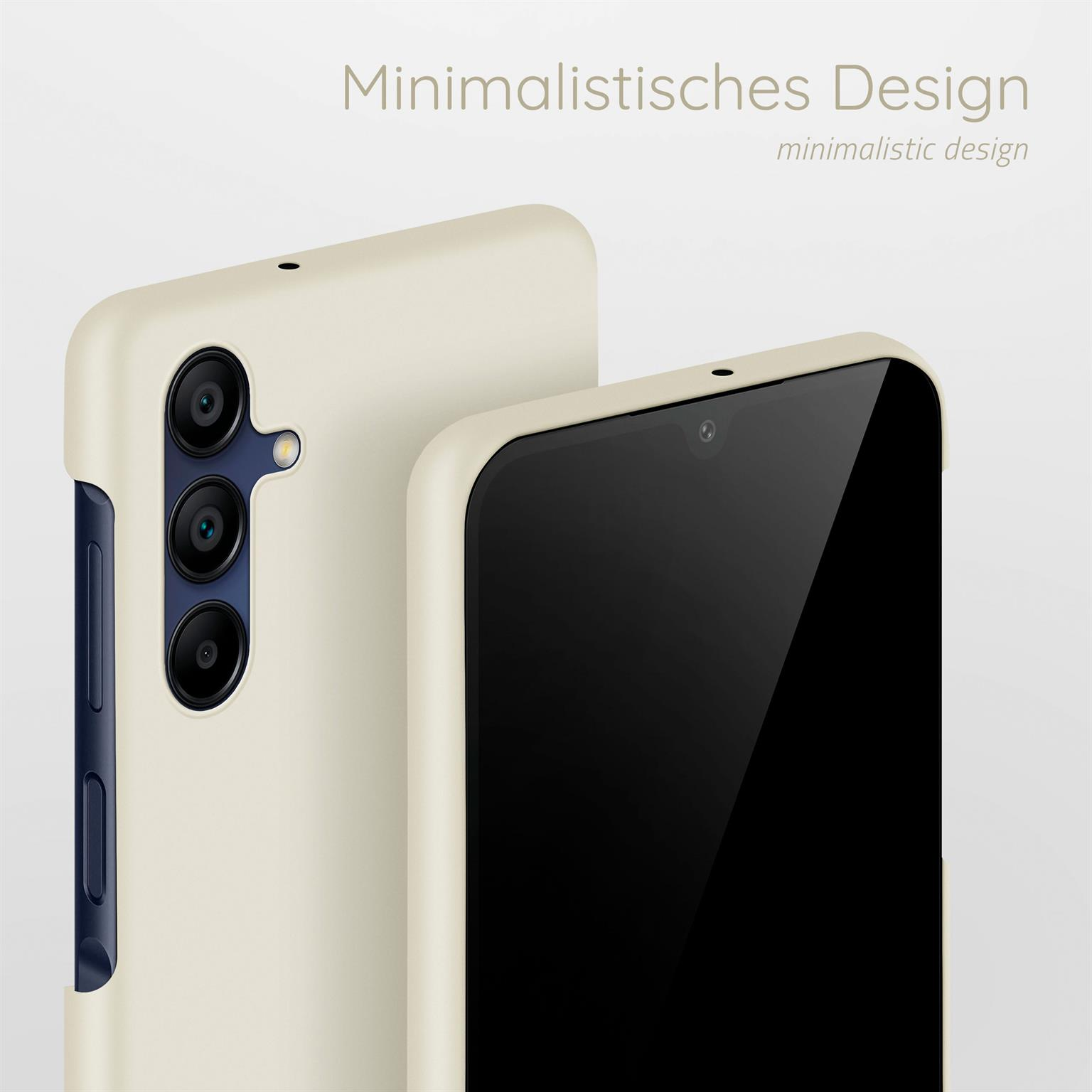 Zwei cremefarbene Telefone werden gezeigt, eines im Vordergrund und eines im Hintergrund.