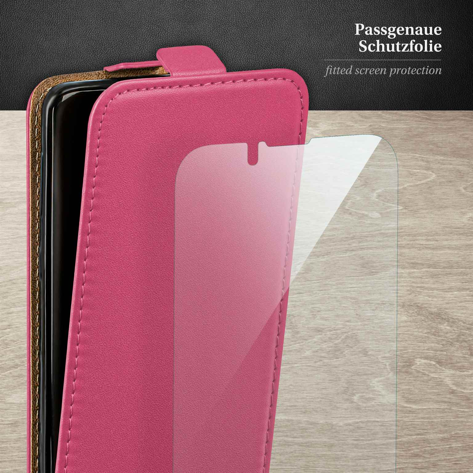 Geöffnete rosa Handyhülle, mit sichtbarem Displayschutz, auf dunklem Hintergrund.