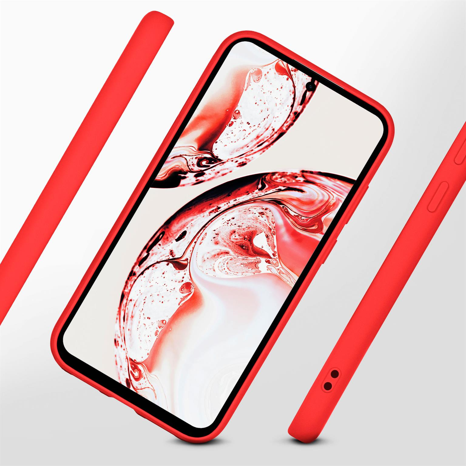 Rote Handyhülle mit einem Telefon darin. Die Hülle ist rot, der Bildschirm hat ein rot-weißes Muster.