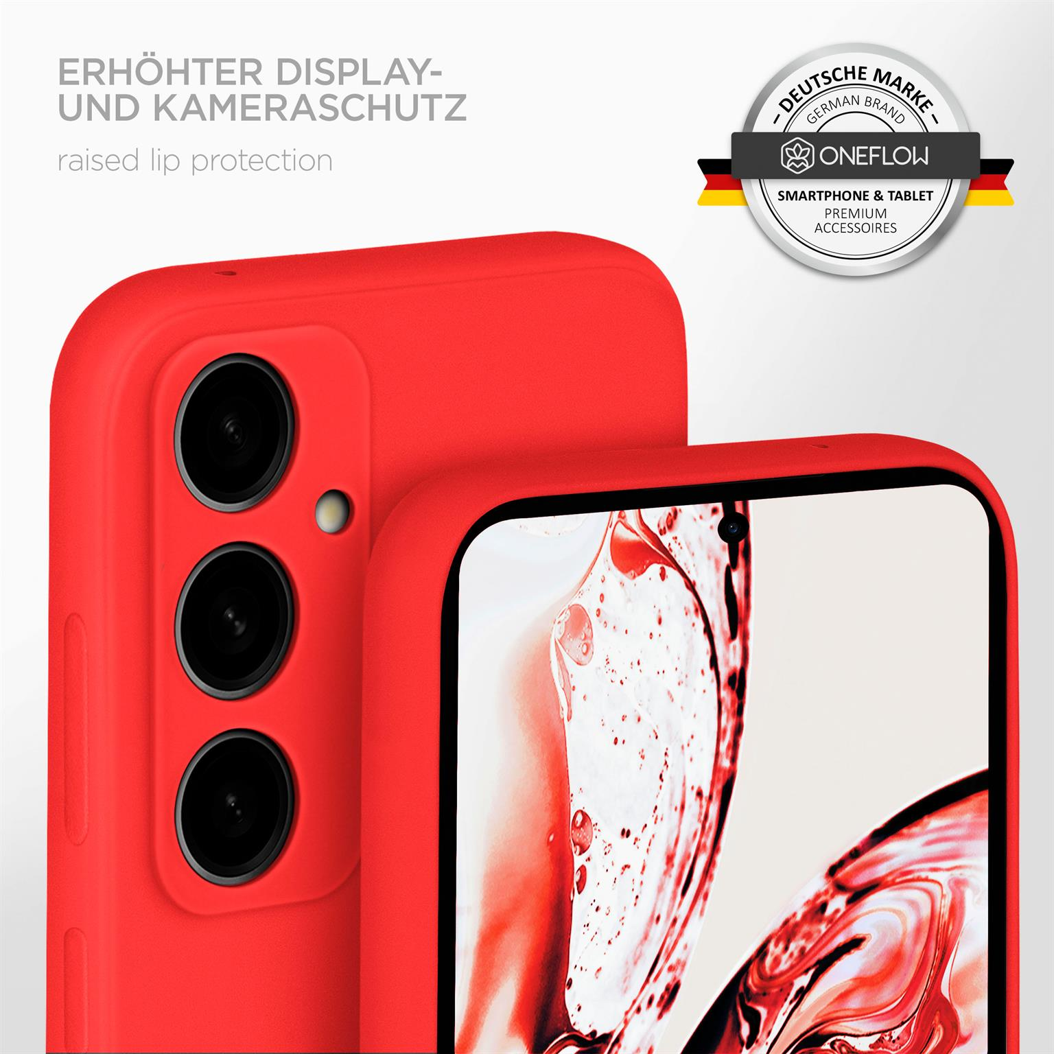 Eine rote Handyhülle mit einem Telefon. Drei schwarze Kameralinsen sind sichtbar.