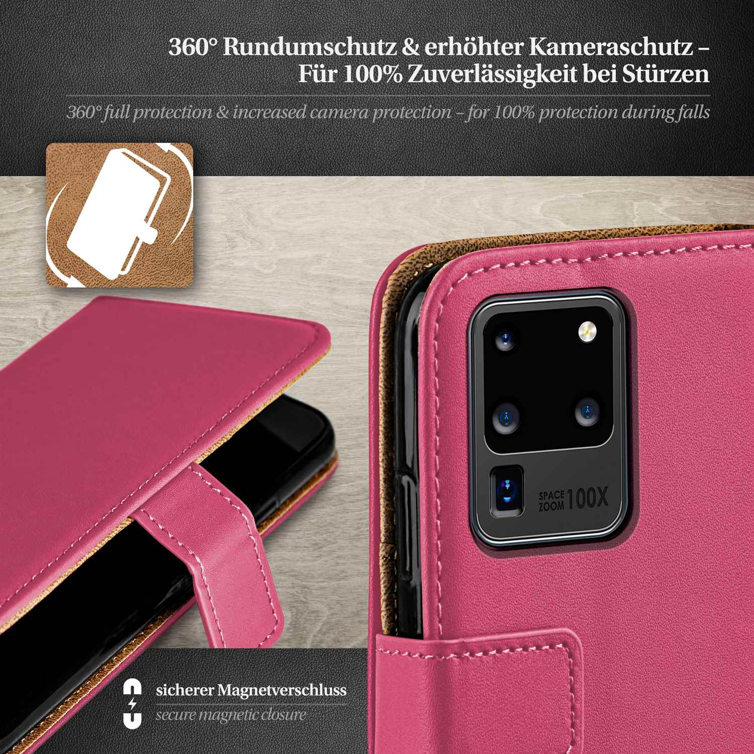 Rosa Handyhülle mit Telefon darin. Merkmale der Hülle sind sichtbar, wie z.B. der Magnetverschluss.