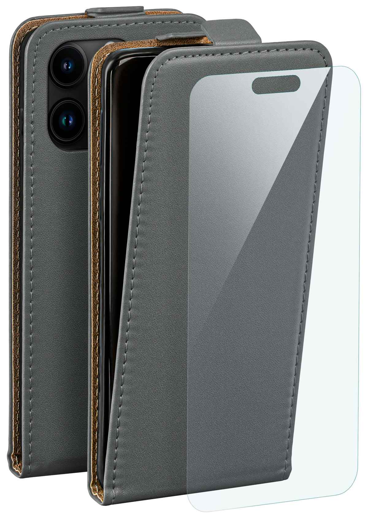 Graue Handyhülle mit transparentem Displayschutz. Telefon hat zwei Kameras.