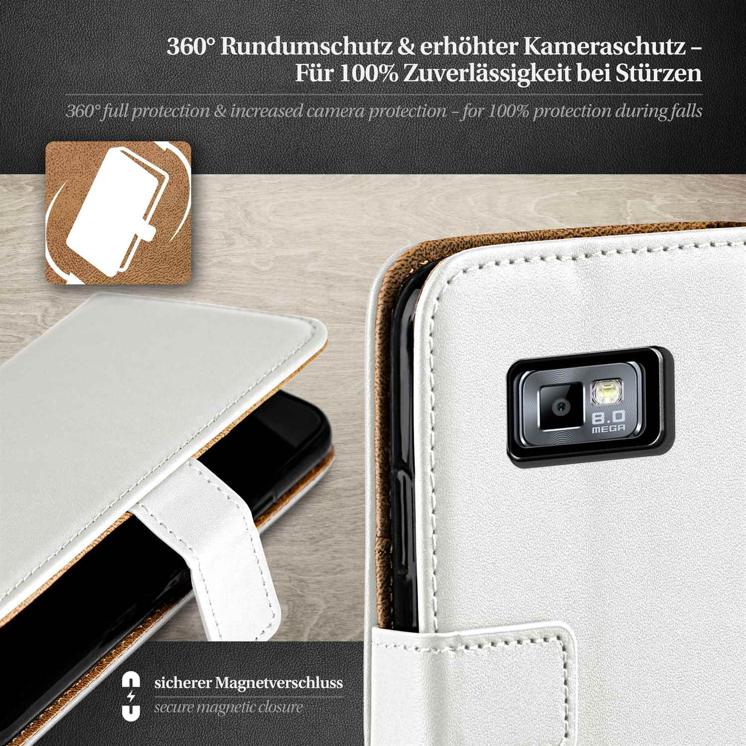 Weiße Handyhülle, offen, mit Telefon darin. Merkmale sind 360° Schutz und Magnetverschluss.