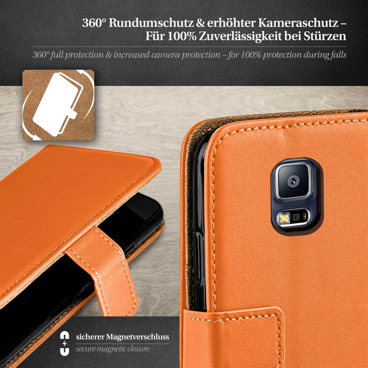 Orangefarbene Handyhülle, offen, mit schwarzem Telefon. Text: 360° Rundumschutz & erhöhter Kameraschutz.