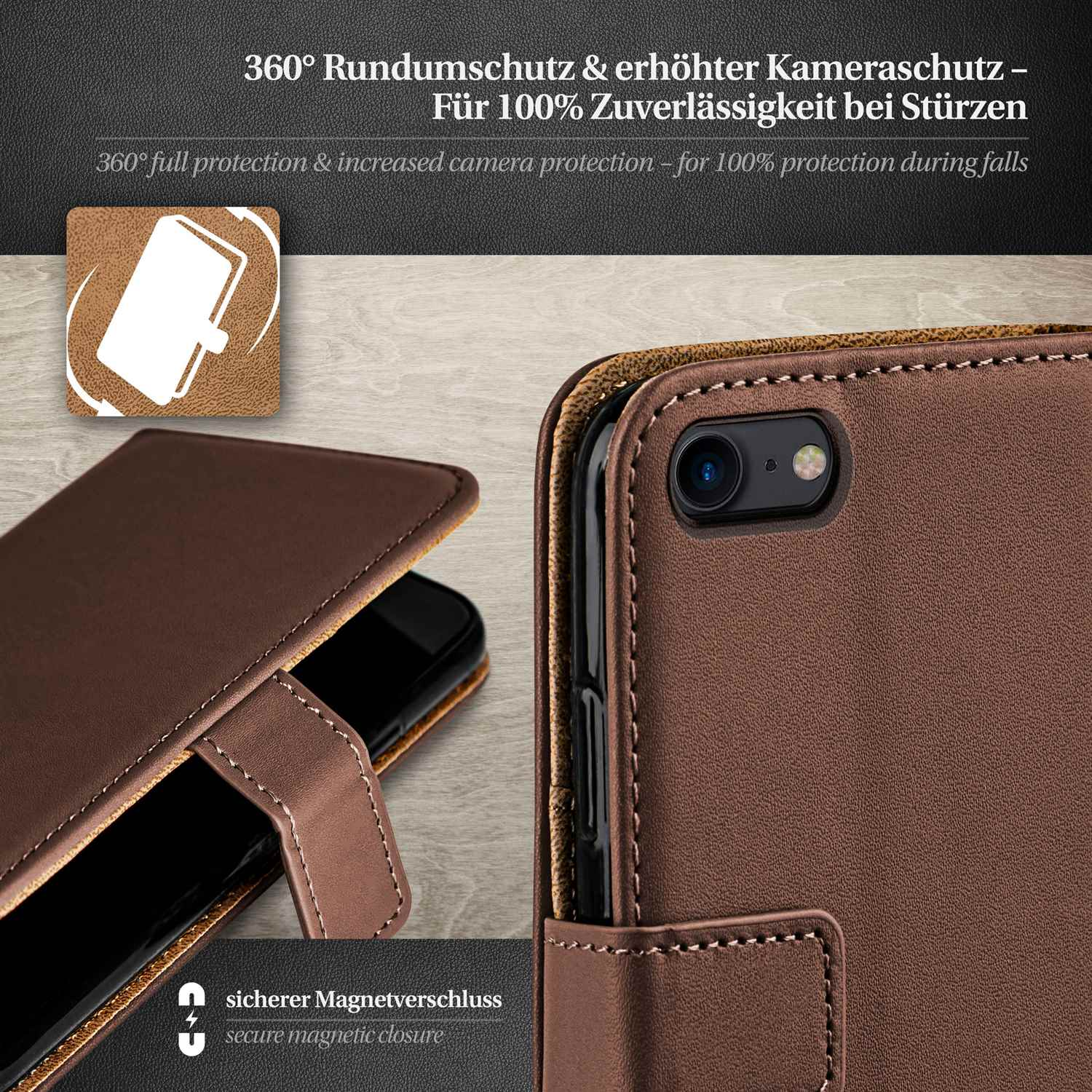 Braune Leder-Handyhülle, offen. Das Telefon ist sichtbar. Die Hülle hat einen sicheren Magnetverschluss.