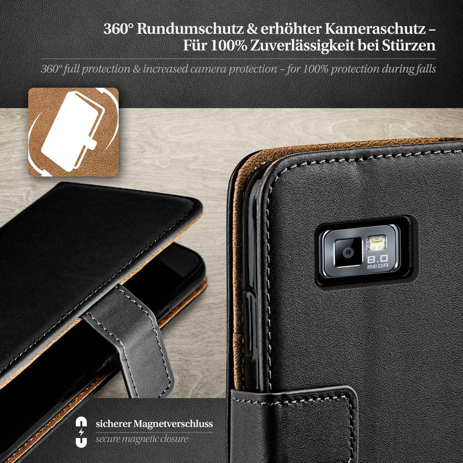 Schwarze Leder-Handyhülle mit geöffneter Klappe, die das Telefon und Text über Schutz zeigt.