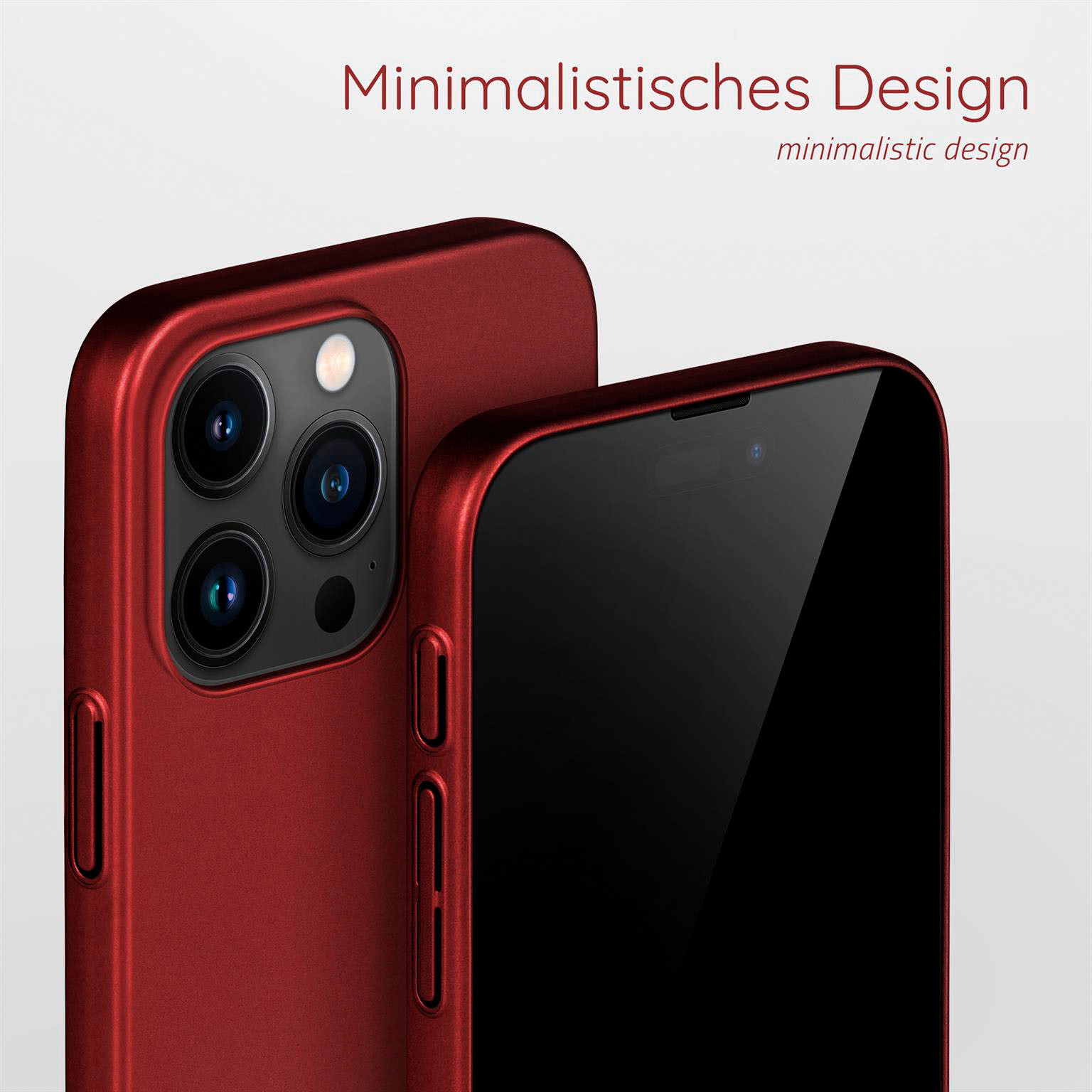 Rote Handyhülle mit Telefon innen, Nahaufnahme. Text: Minimalistisches Design.