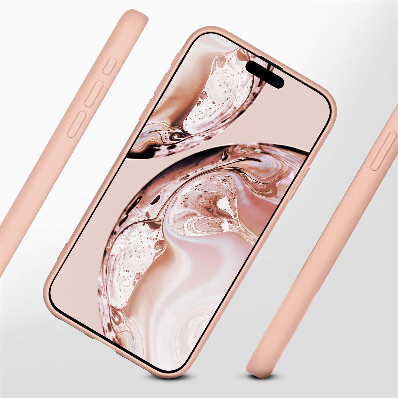 Rosa Telefon mit Bildschirm. Drei rosa Hüllen sind um das Telefon platziert.