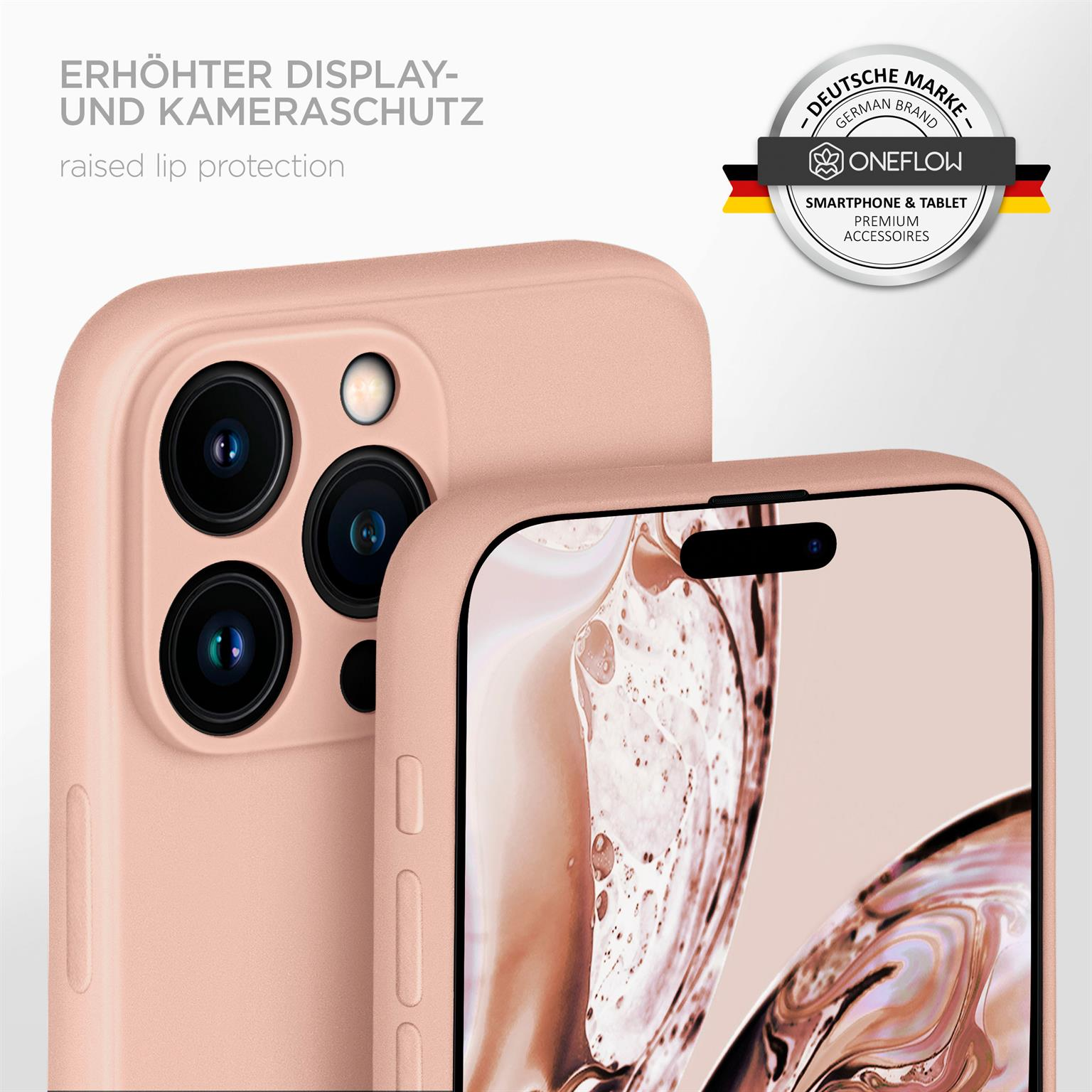 Eine pinkfarbene Handyhülle mit erhöhter Lippe um die Kamera und einem Logo im Hintergrund.