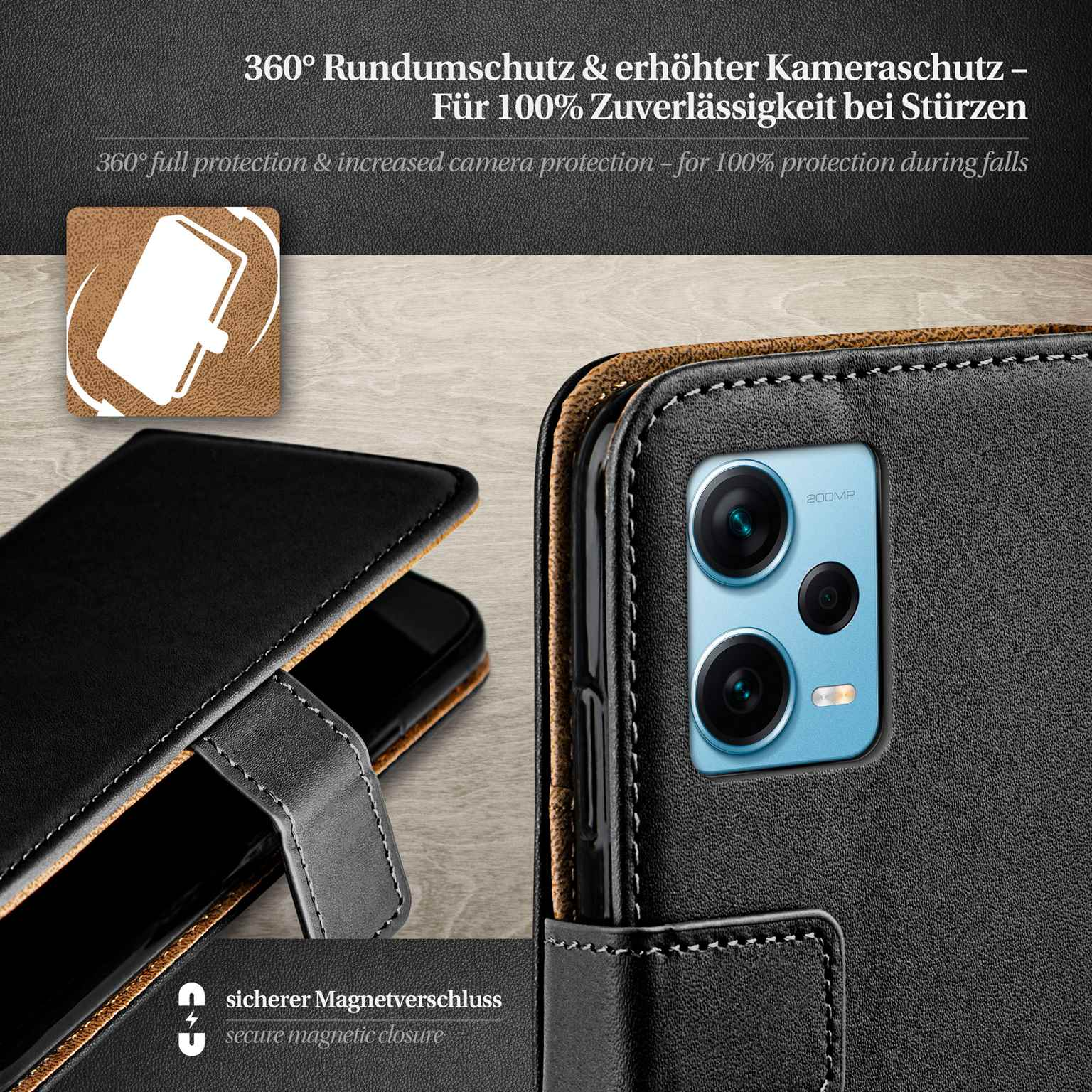 Schwarze Handyhülle mit schwarzem Telefon. Text: 360° Rundumschutz, sicherer Magnetverschluss.