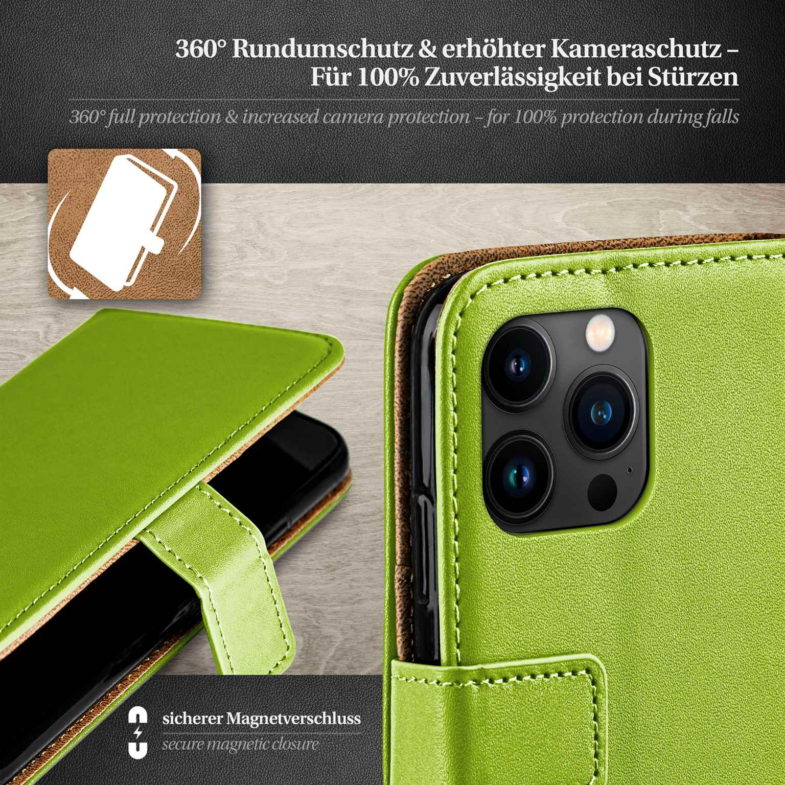 Grüne Handyhülle mit Kameradetail, offen, Telefon im Inneren zeigend, vor Hintergrund.