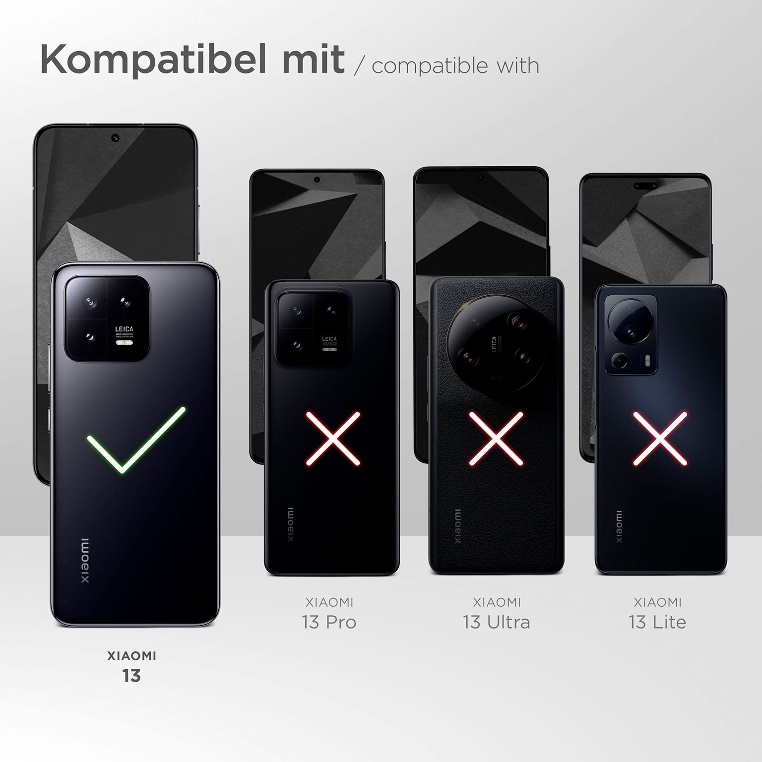 Mehrere Telefone. Ein Xiaomi 13 wird als kompatibel hervorgehoben, andere nicht.