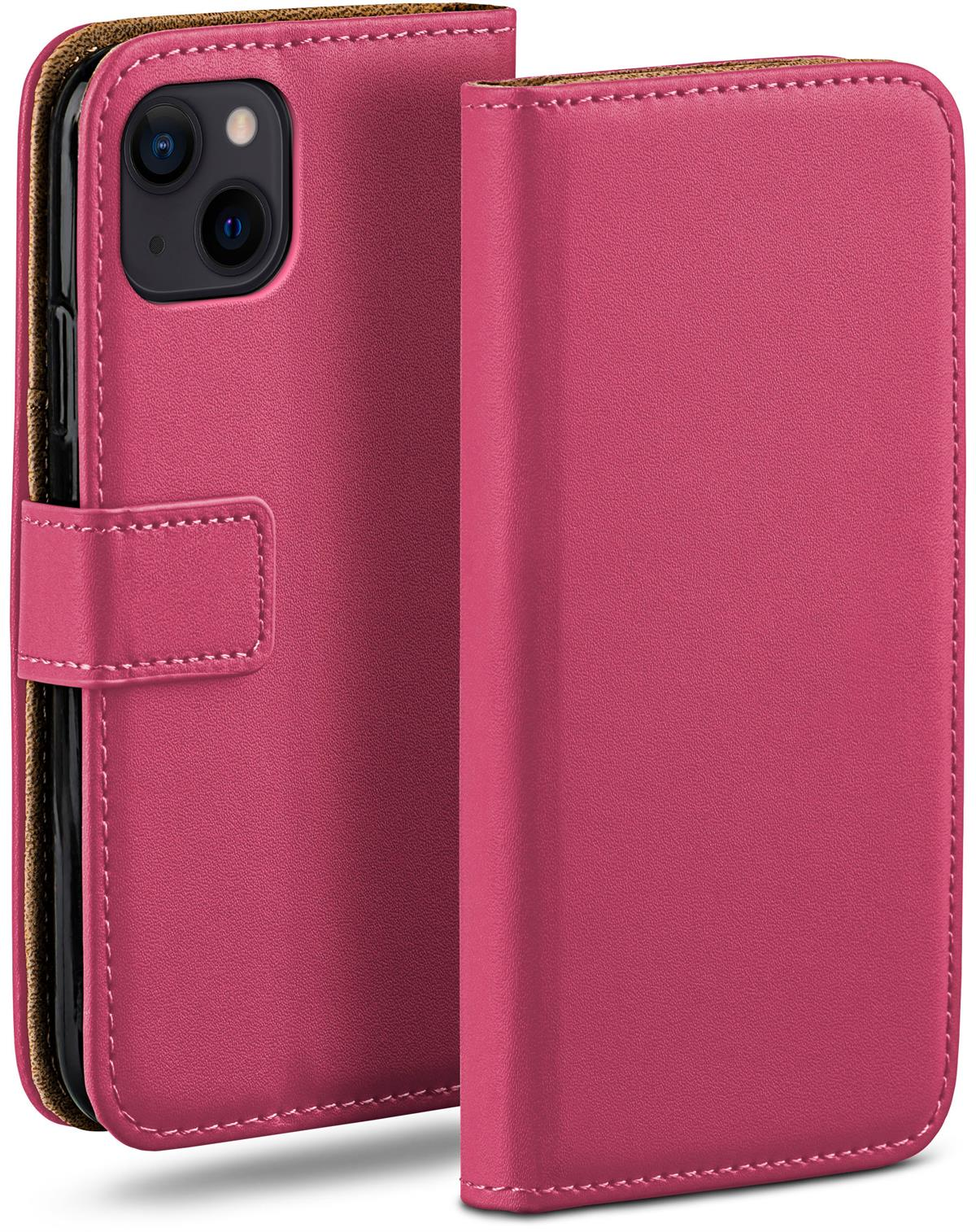 Rosa Handyhülle offen, zeigt ein Telefon. Die Hülle hat Magnetverschluss und Nähte.