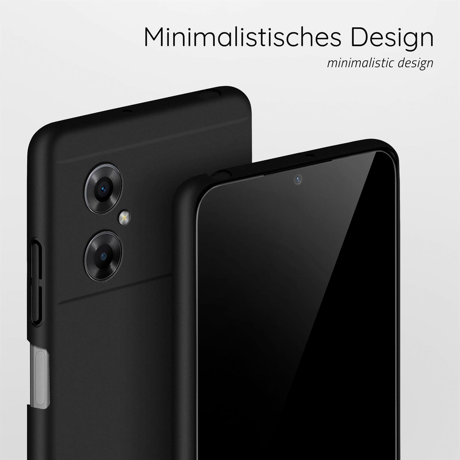 Zwei schwarze Telefone mit Hüllen nebeneinander. Das rechte hat einen schwarzen Bildschirm, links die Rückseite.