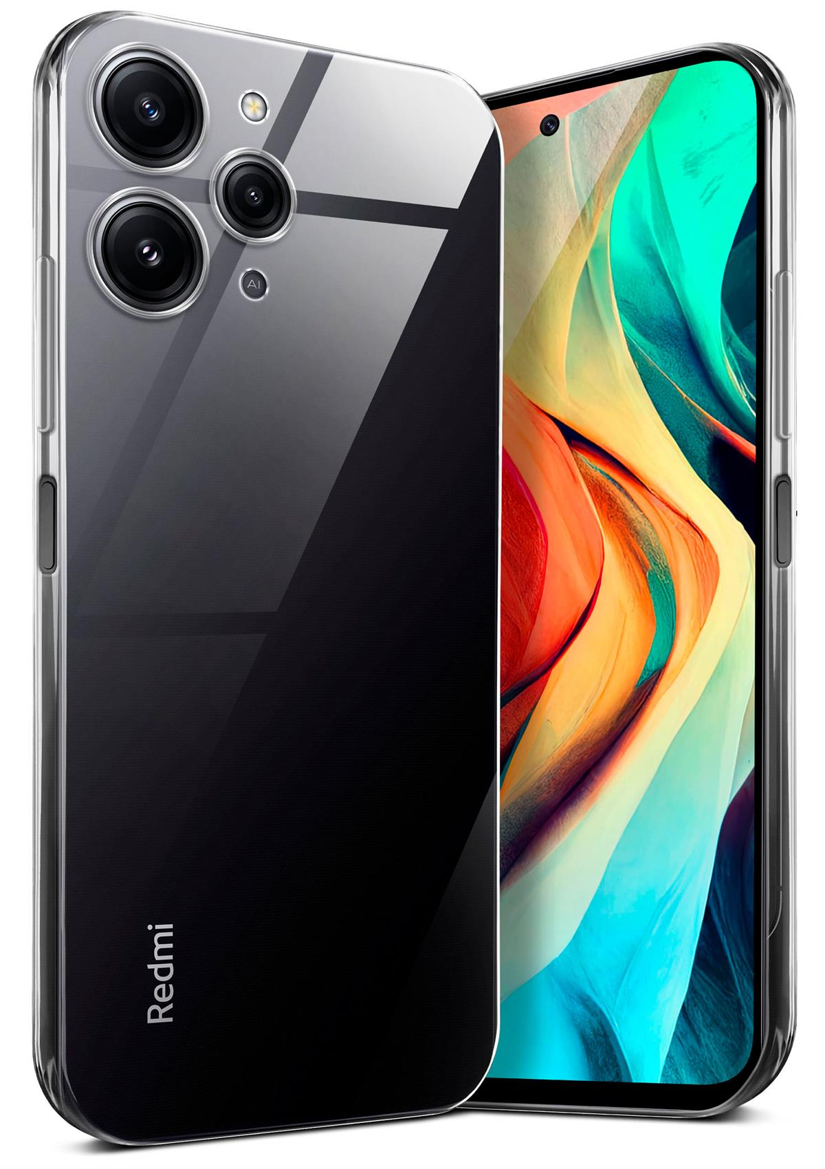 Ein Redmi-Telefon in einer transparenten Hülle. Der Bildschirm zeigt ein abstraktes, farbenfrohes Design.