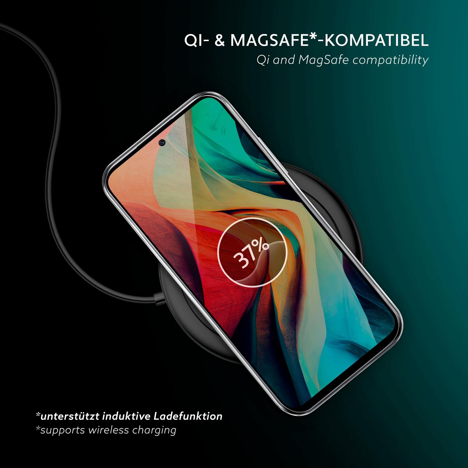 Telefon auf kabellosem Ladegerät. Bildschirm zeigt 37% Akkuladung. Dunkler Hintergrund.