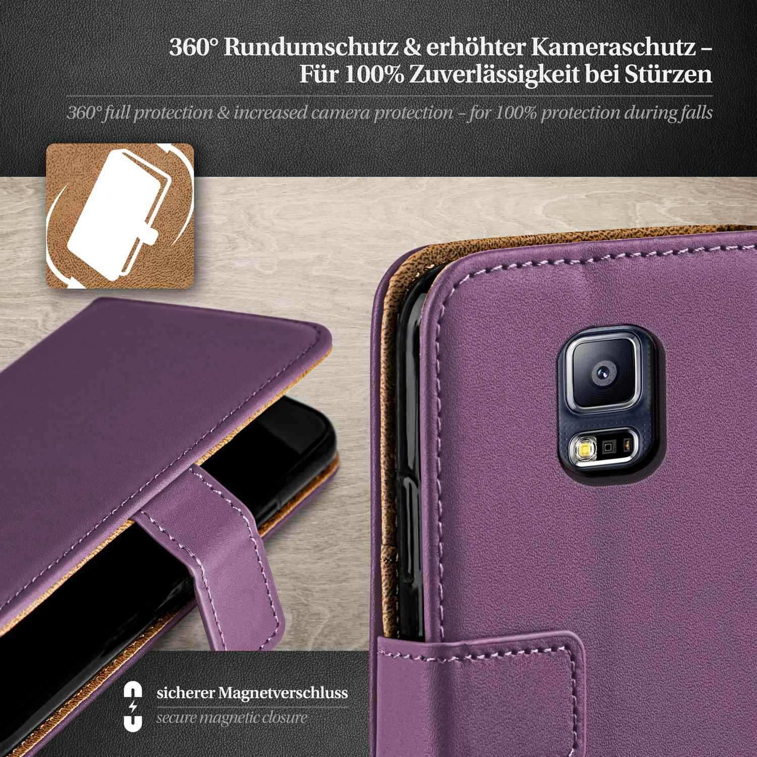 Lila Handyhülle, geöffnet. Schwarzes Telefon im Inneren. Nahaufnahme der Kamera und Taste.