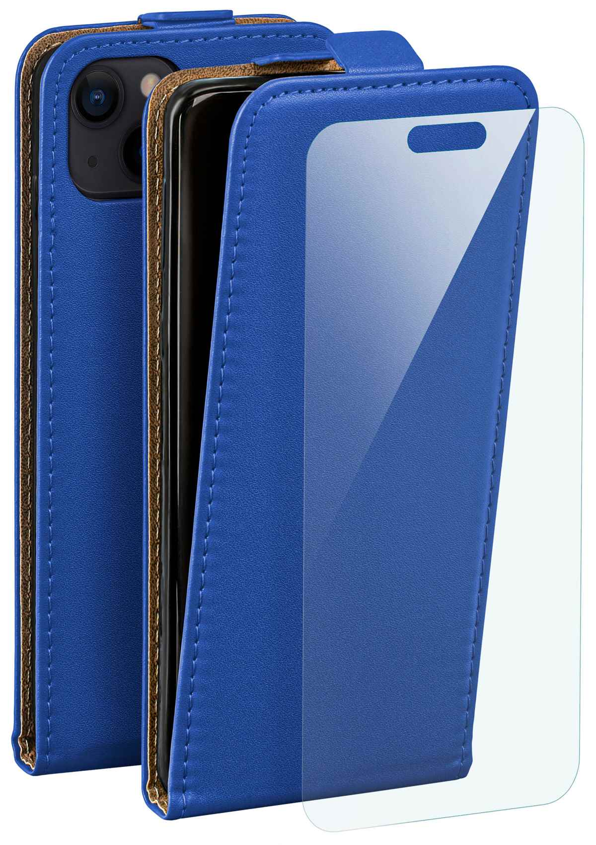 Blaue Handyhülle, geöffnet, um ein Telefon und eine Displayschutzfolie zu zeigen. Die Hülle ist im Folio-Stil.