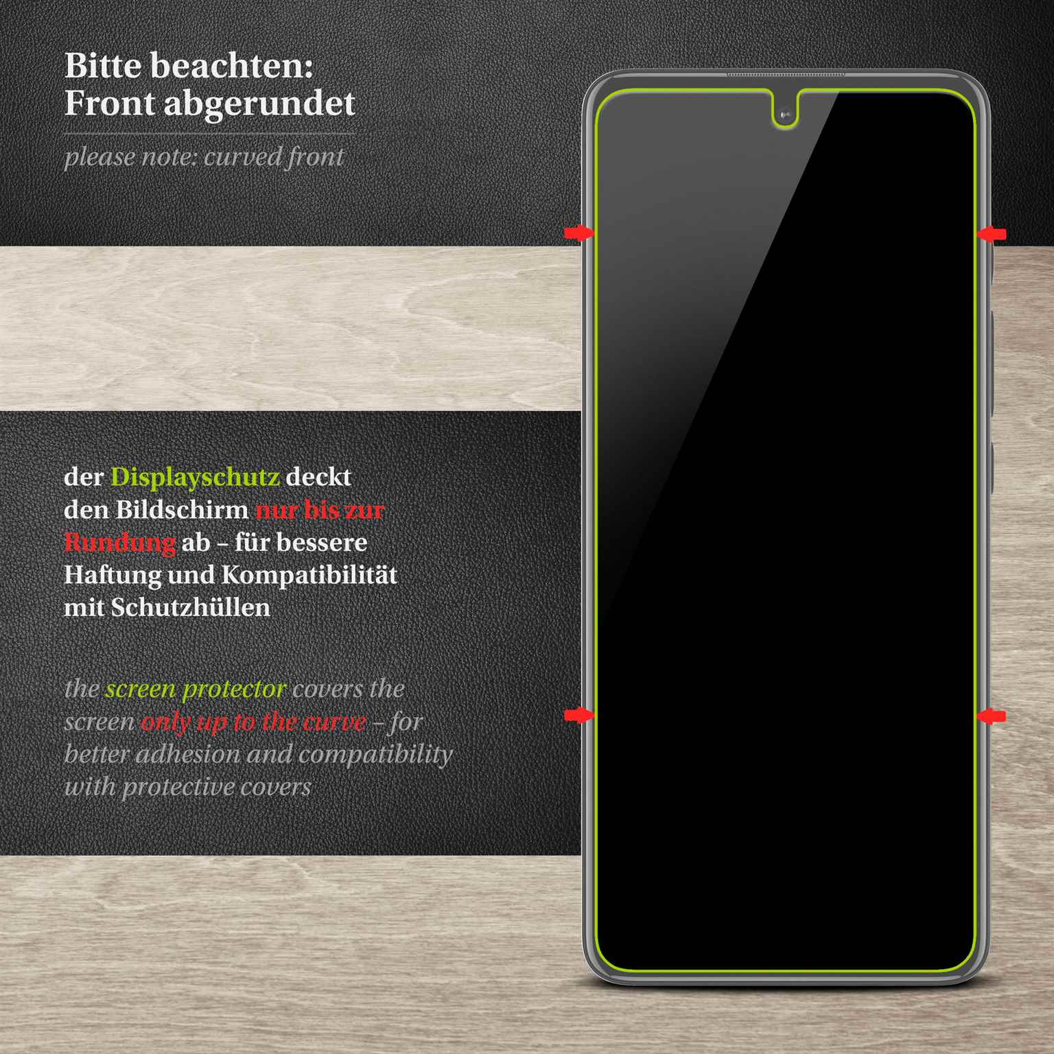 Ein Displayschutz auf einem Telefon. Das Telefon hat eine gewölbte Front.