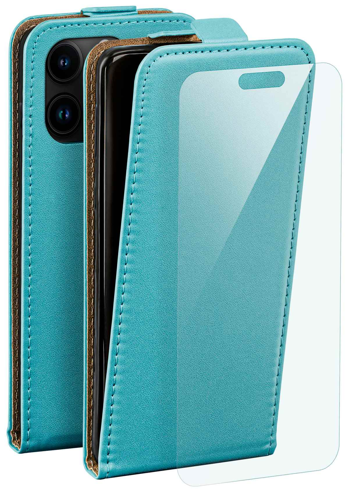 Türkisfarbene Handyhülle mit klarem Displayschutz. Das Telefon ist in der Hülle.
