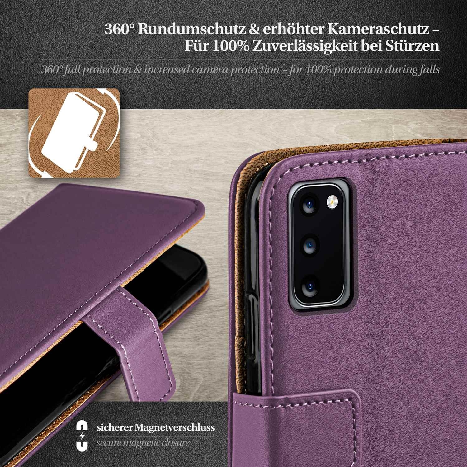 Lila Handyhülle mit einem Telefon darin. Ein Magnetverschluss ist sichtbar. Der Hintergrund ist braun und lila.