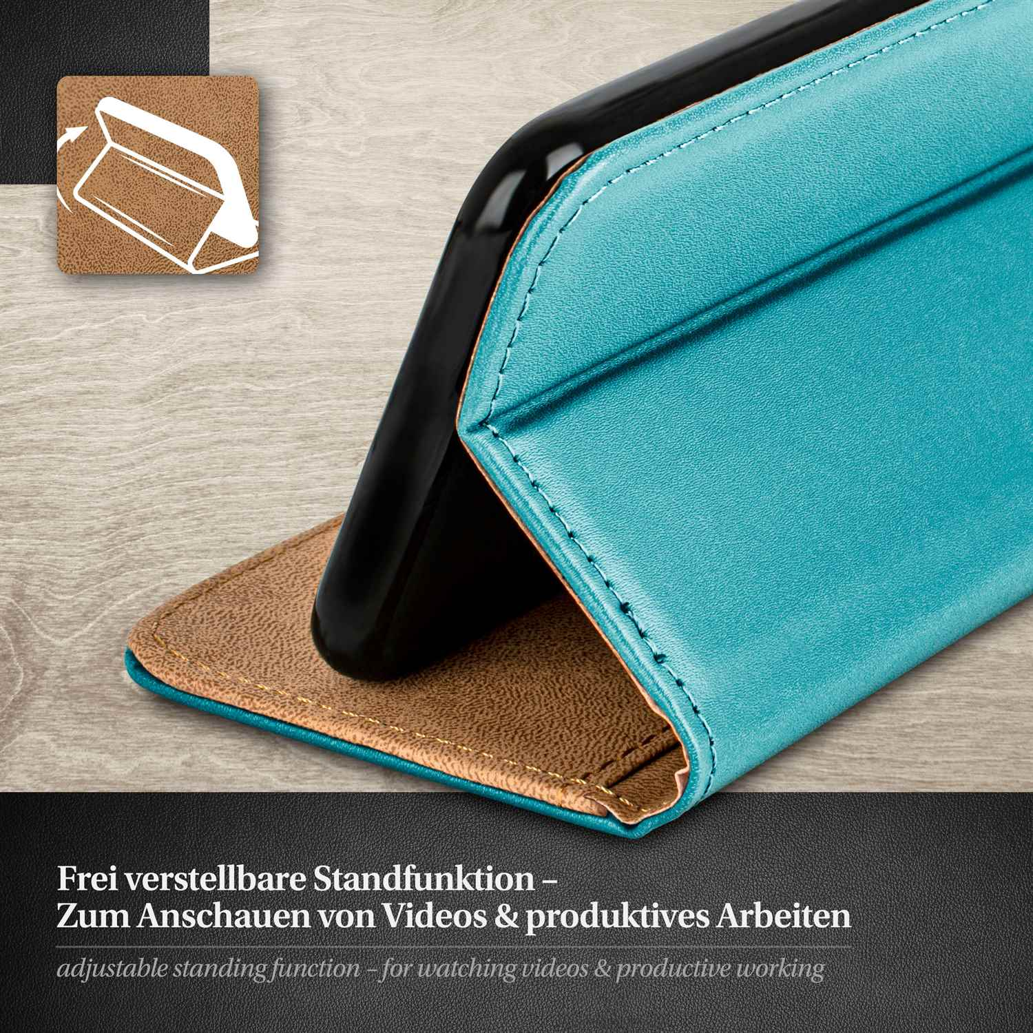 Telefon in teal Hülle, braune Basis, einstellbar für Videos und Arbeit.