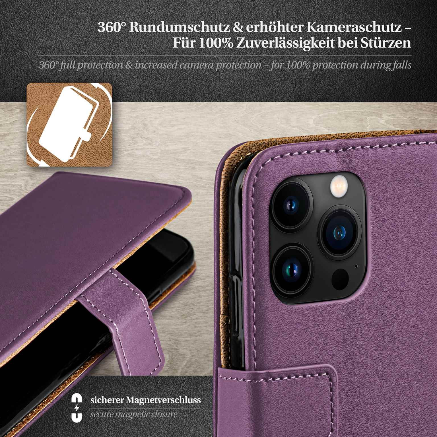 Lila Handyhülle, offen, mit Telefon darin. Merkmale sind 360° Schutz und Magnetverschluss.