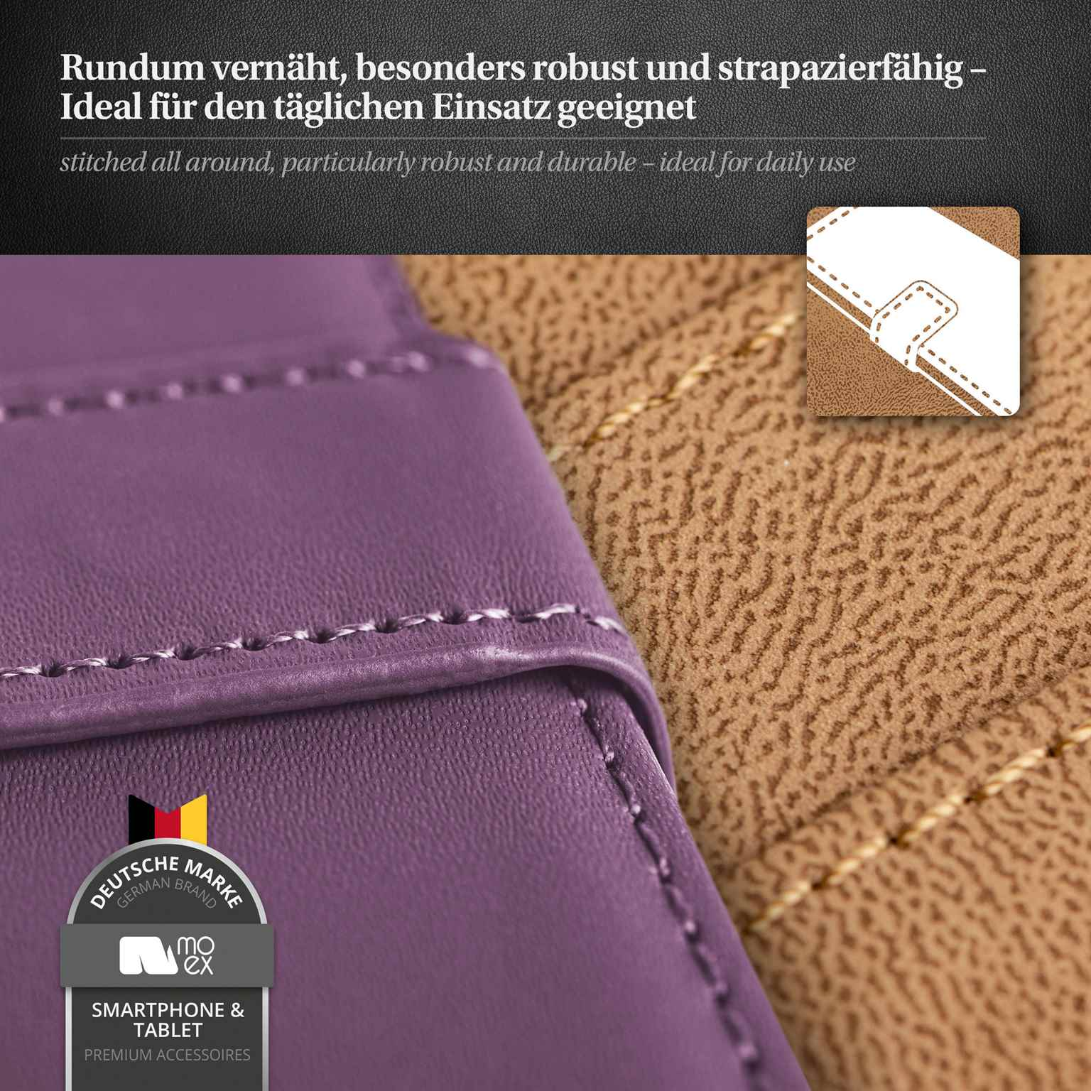 Nahaufnahme einer lila Handyhülle, rundum vernäht, mit braunem Stoffhintergrund.