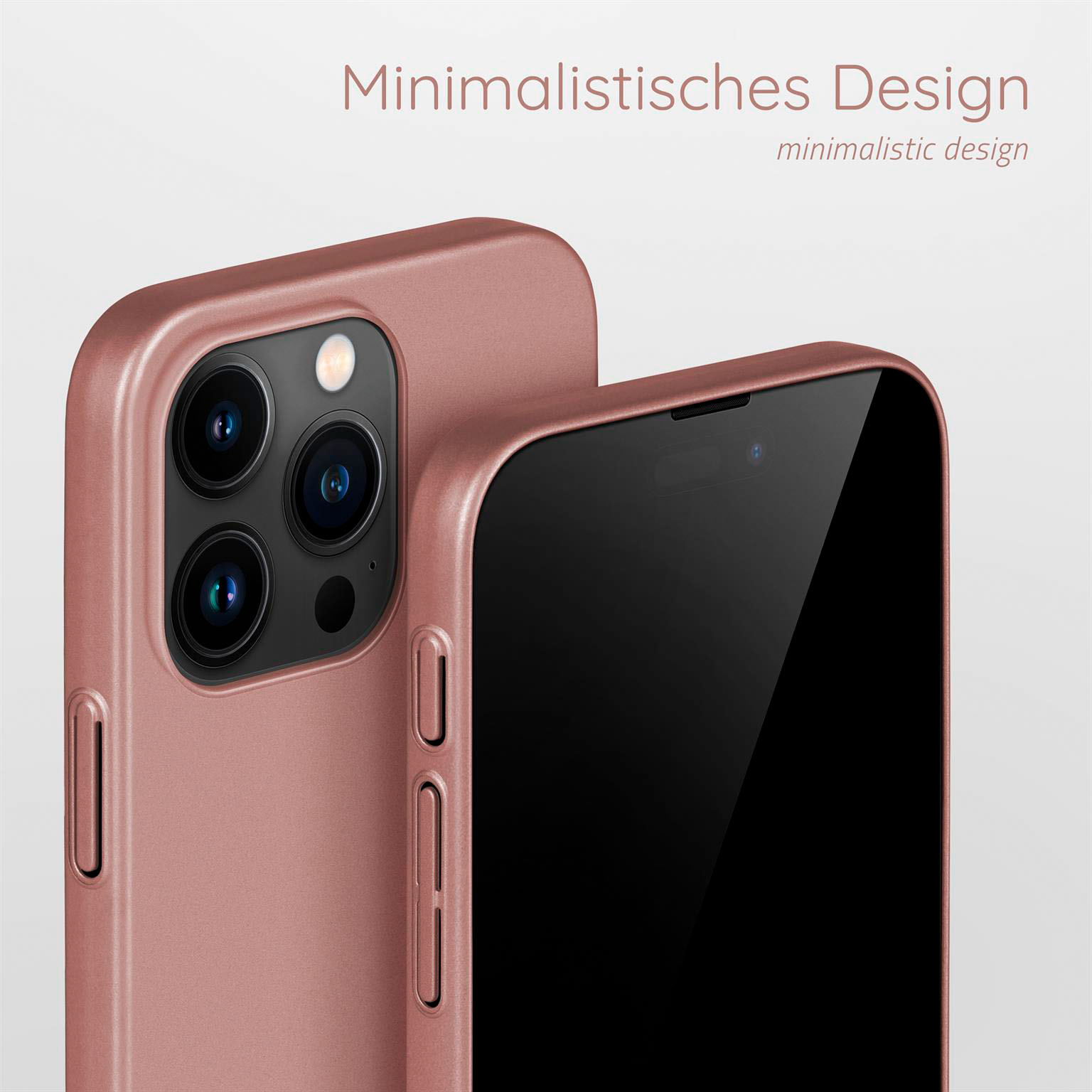 Handyhülle mit 3 Kameralinsen. Telefon im Inneren sichtbar. Rosa farbene Hülle.