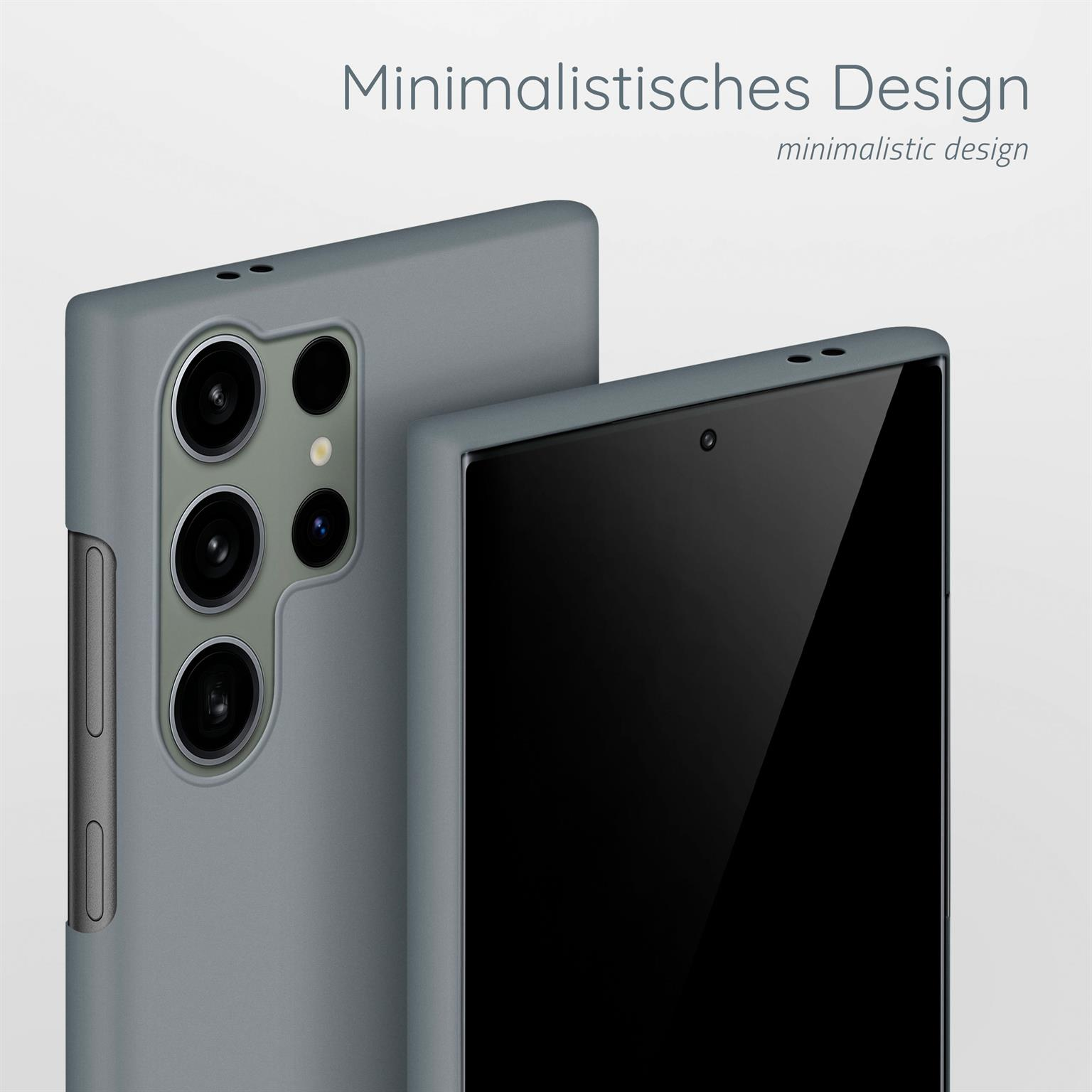 Zwei Telefone in grauen Hüllen. Eines auf der Rückseite, das andere vorne. Minimalistisches Design.