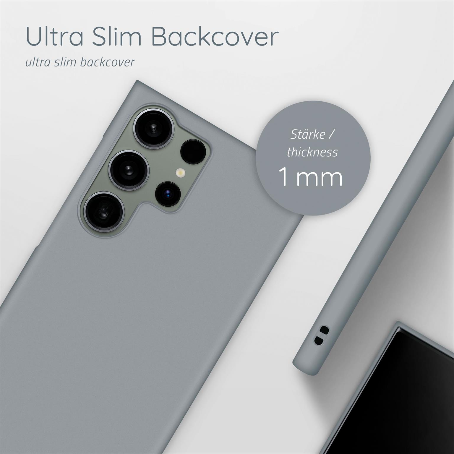 Graue Handy-Rückseite mit Kameraausschnitten. Ein kleiner Kreis zeigt die Dicke von 1 mm.