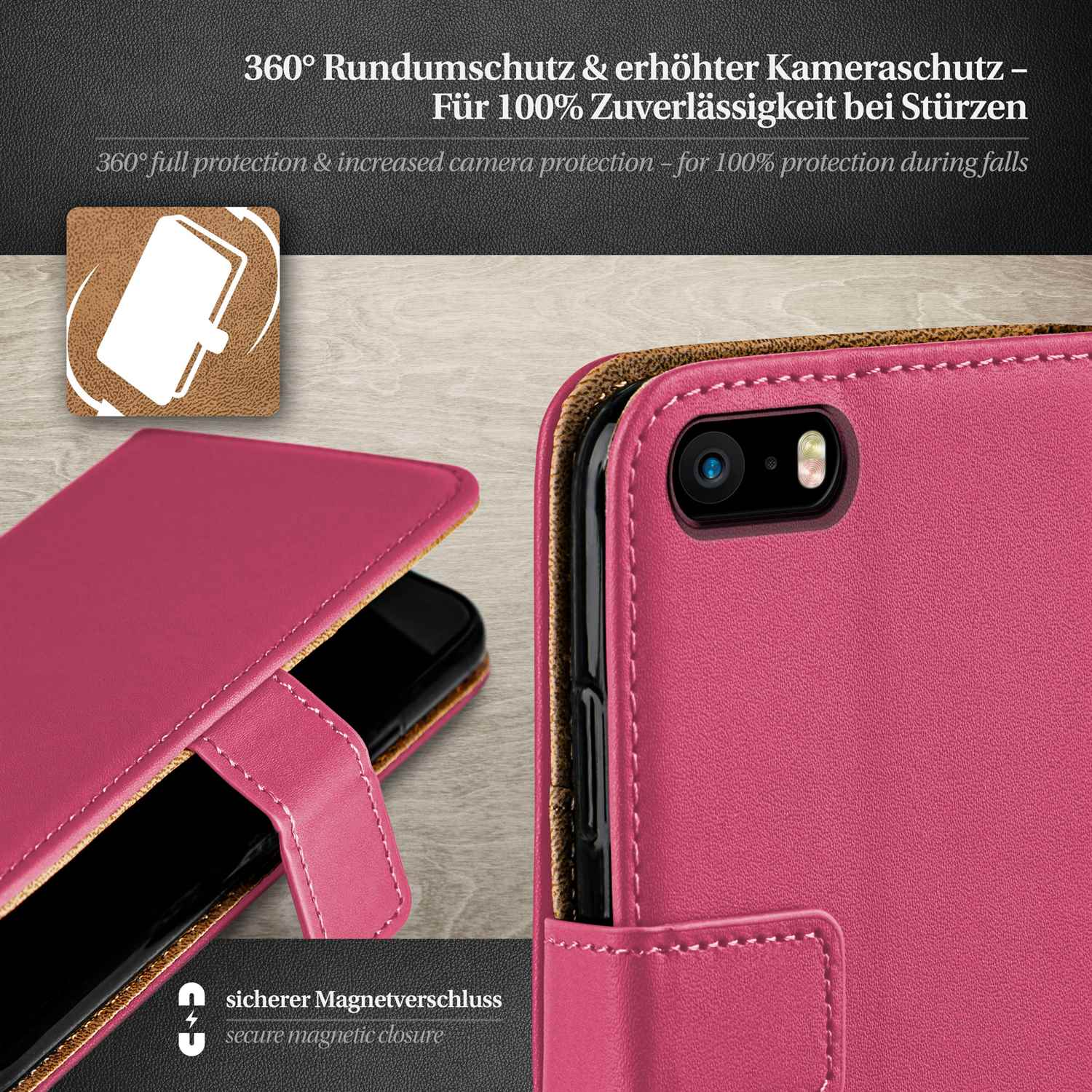 Rosa Handyhülle mit Telefon. Text: 360° Schutz und sicherer Magnetverschluss.