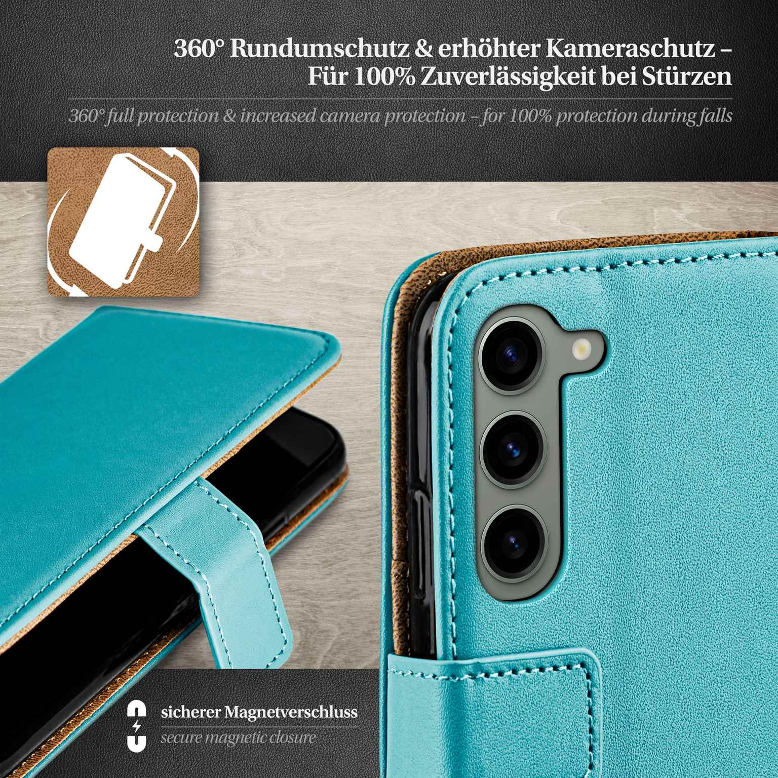 Blaue Handyhülle mit einem Telefon darin. Ein Magnetverschluss ist sichtbar. Der Hintergrund ist braun und blau.