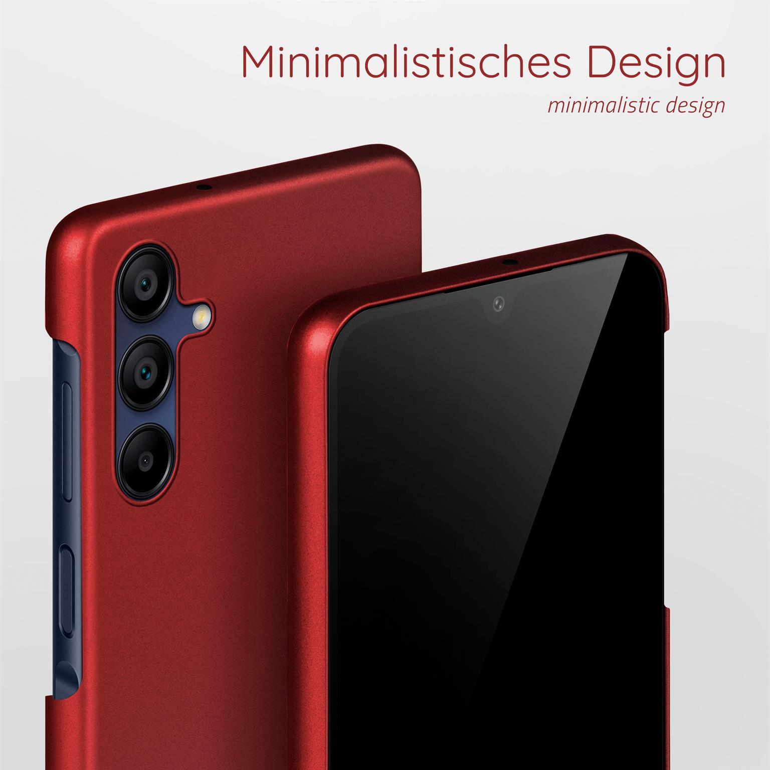 Rote Handyhülle mit Handy. Drei Kameralinsen und schwarzer Bildschirm zu sehen.