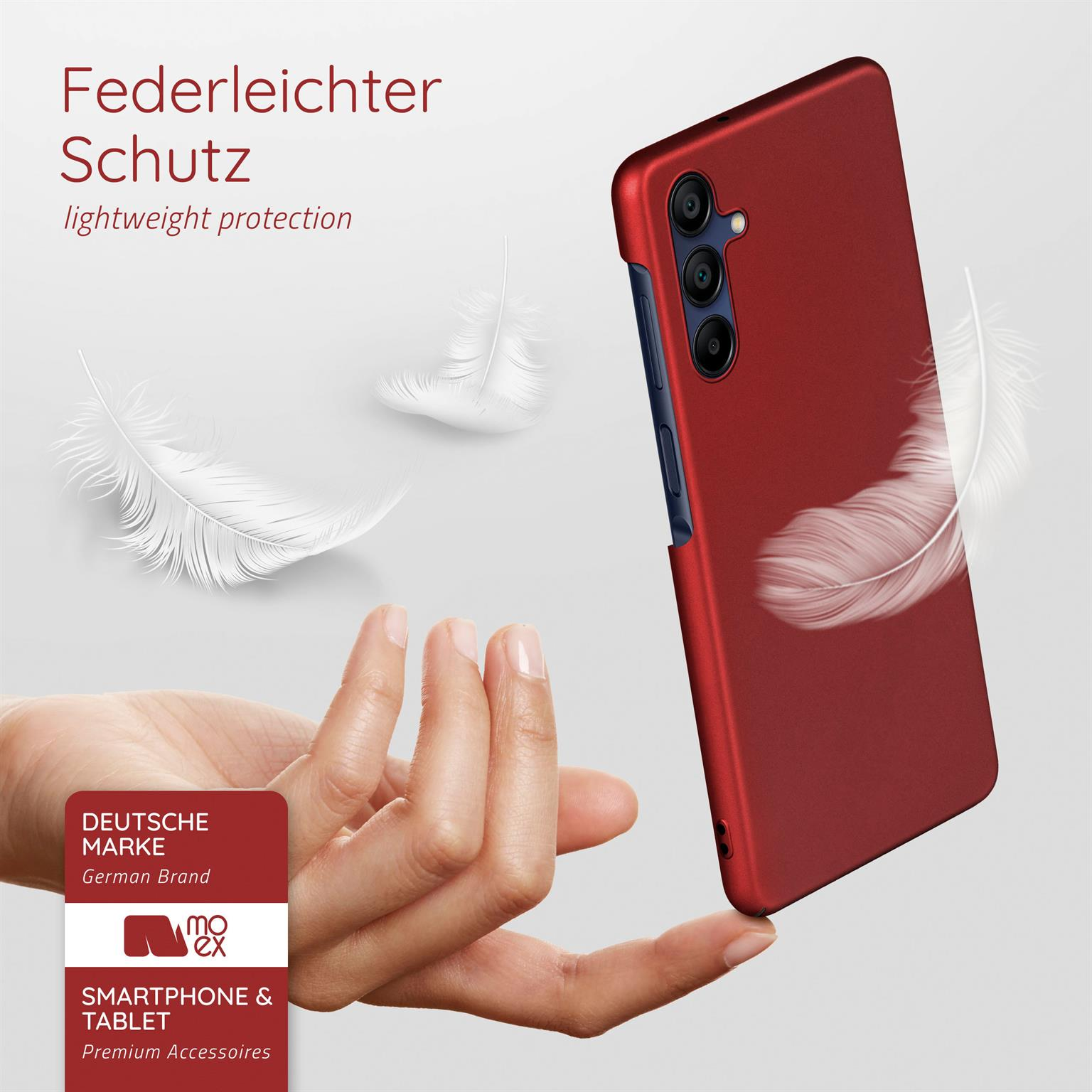 Rote Handyhülle mit blauem Akzent, weiße Federn schweben. Text: Leichter Schutz, Deutsche Marke.