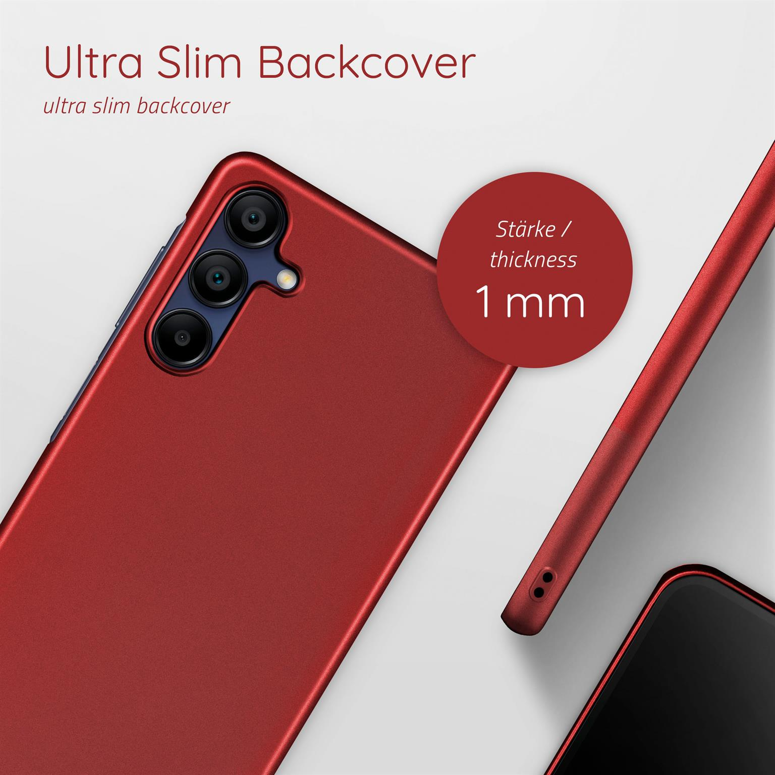 Rote Telefon-Rückseite mit 1 mm Dickendetail. Nahaufnahme mit weißem Hintergrund.