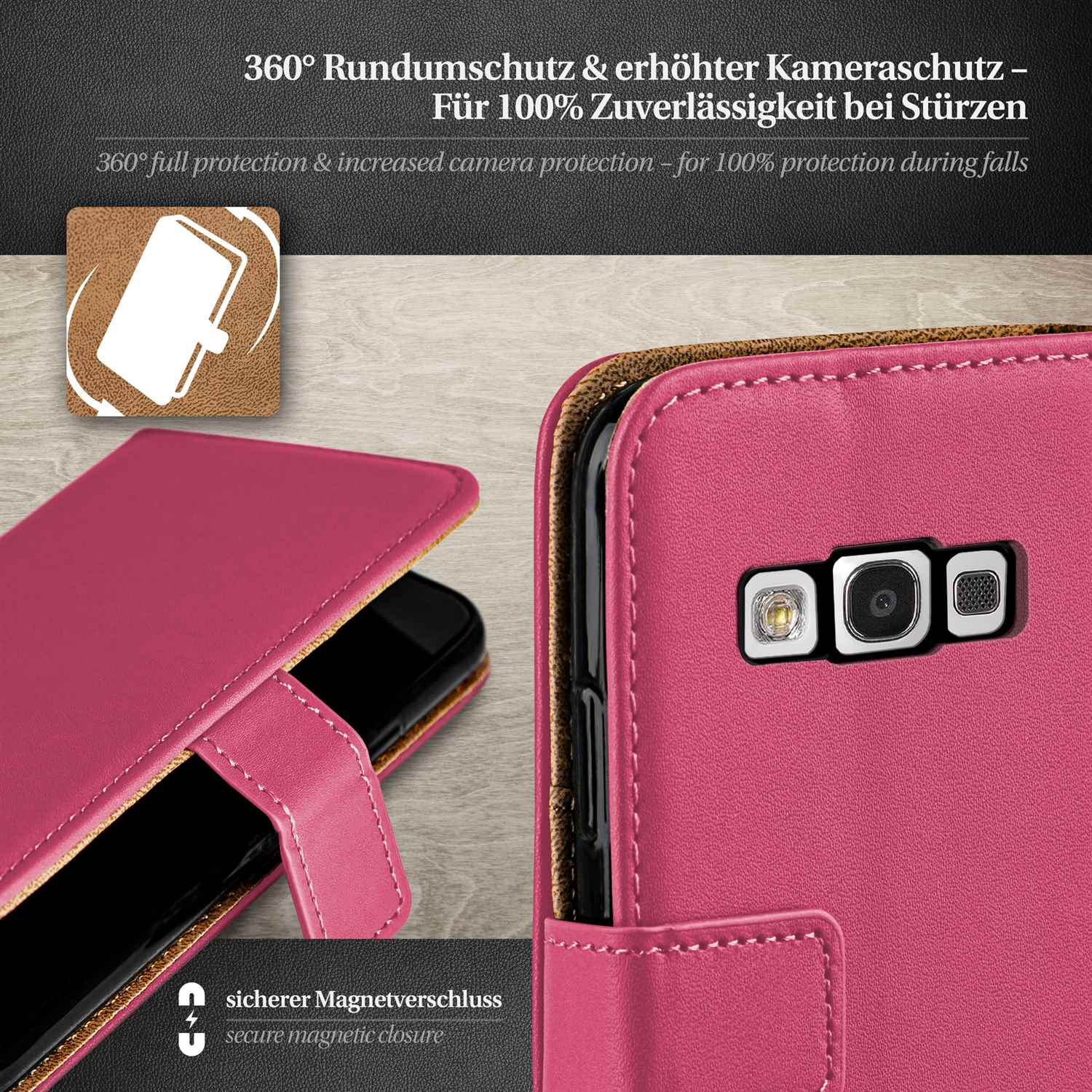 Nahaufnahme einer rosa Handyhülle, offen, mit Telefon. Text oben: 360° Schutz.