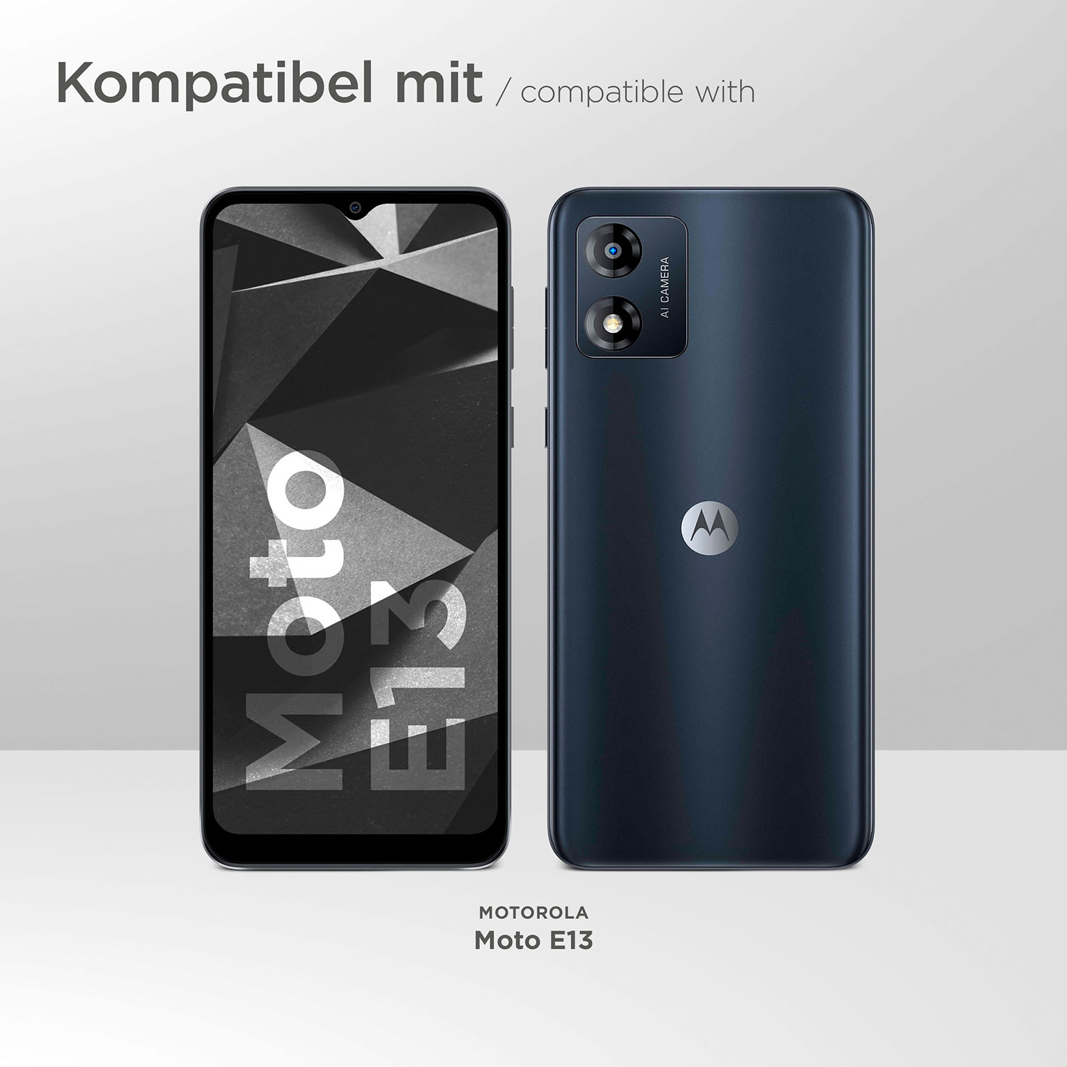 Motorola Moto E13 Telefon, Vorder- und Rückseite zeigend. Schwarzer Bildschirm, blaue Rückseite mit Kamera.