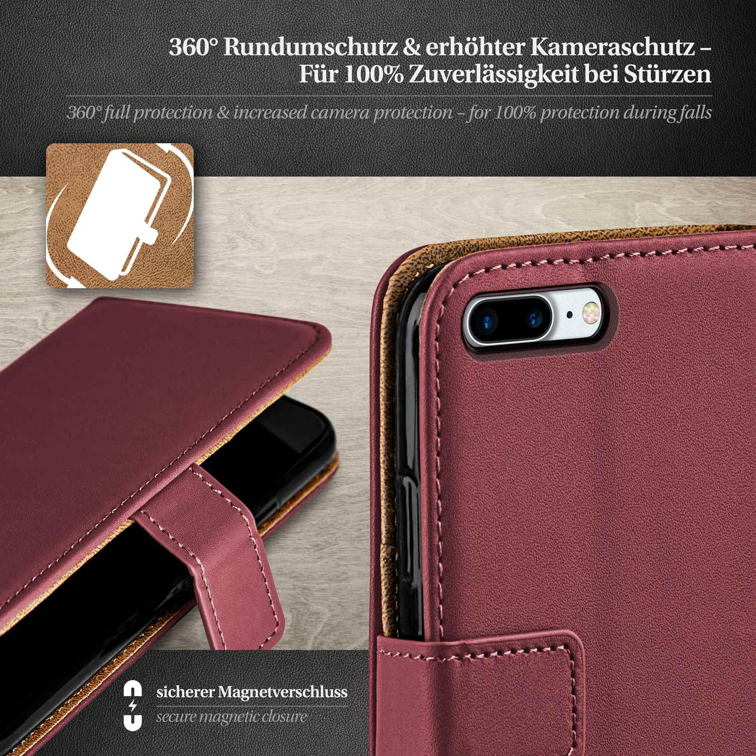 Rote Handyhülle mit Telefon. Text: 360° Schutz. Magnetverschluss. Erhöhter Kameraschutz.